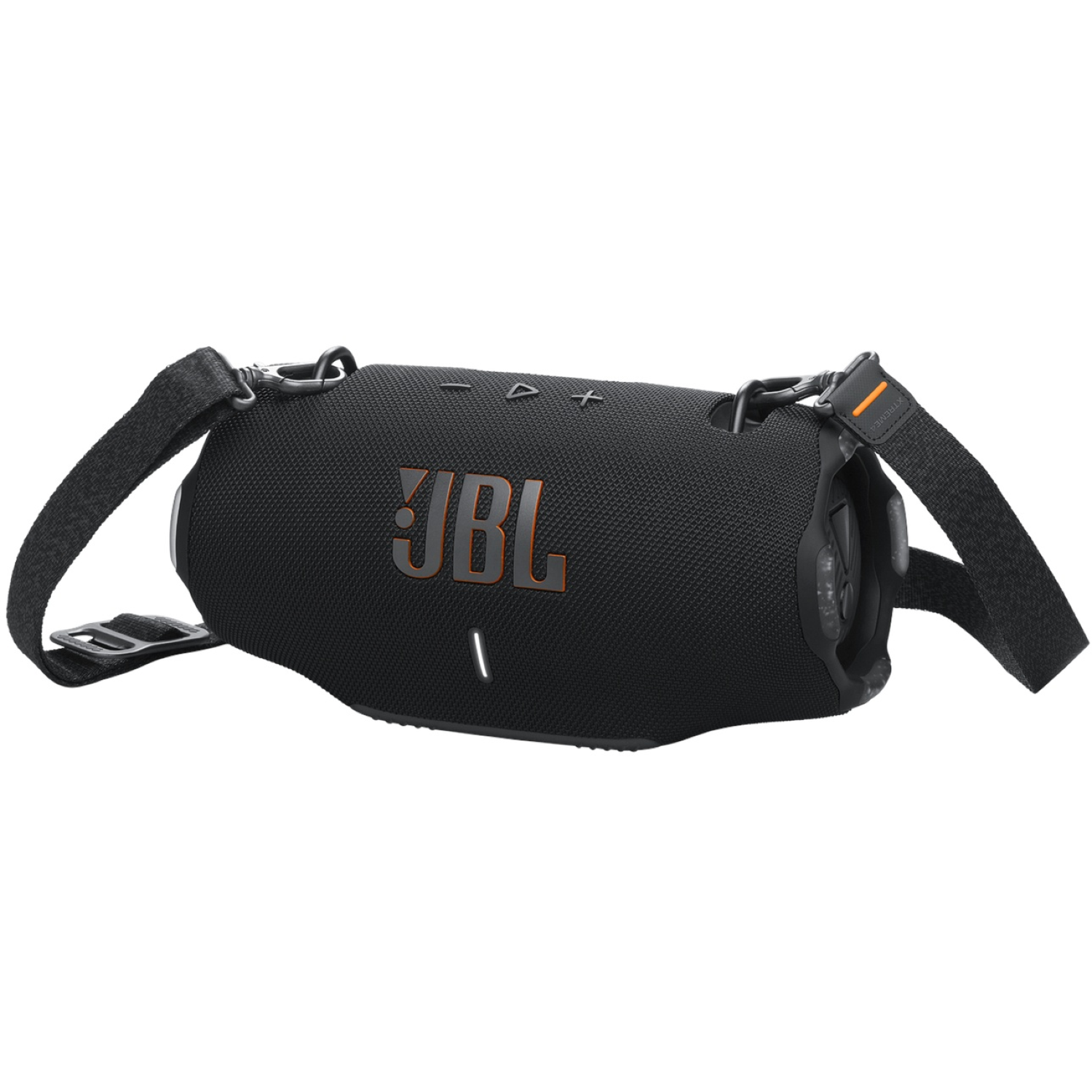 A black JBL portable speaker with a shoulder strap. It has an orange JBL logo and control buttons on top.