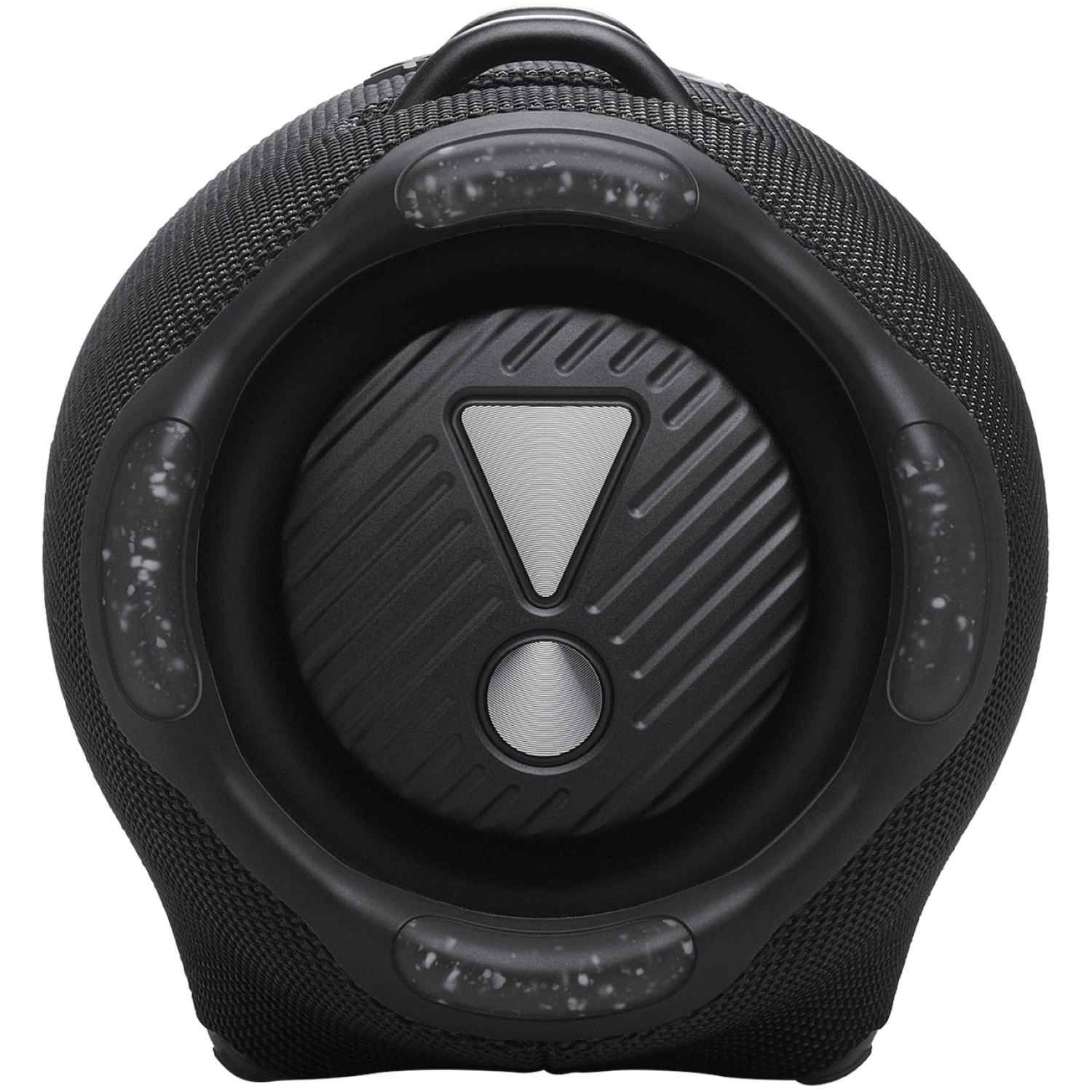 A black JBL speaker with a handle. It has a central speaker grill with a white exclamation mark. The speaker is textured.
