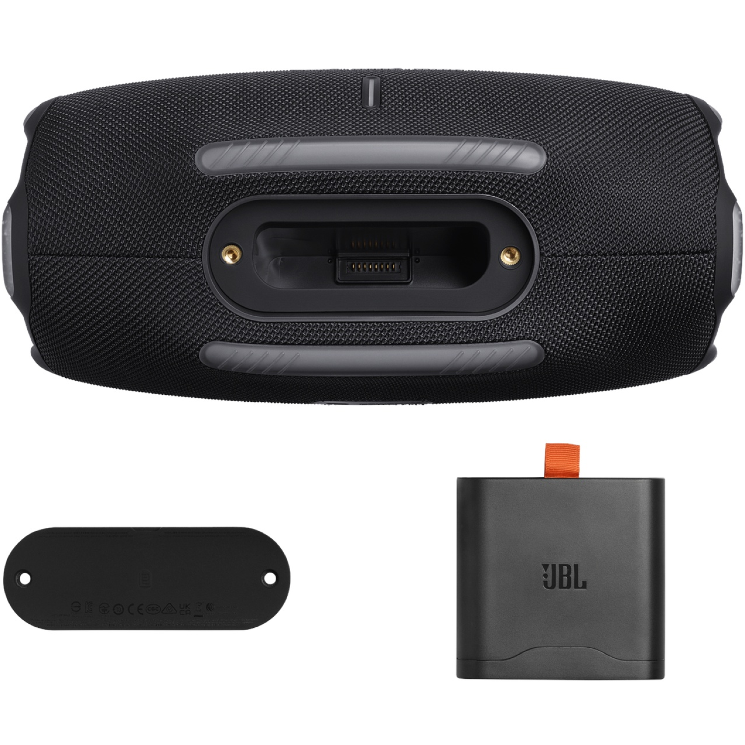 Black JBL speaker, charging dock, and power adapter. The speaker is cylindrical with a textured surface. The adapter is black.