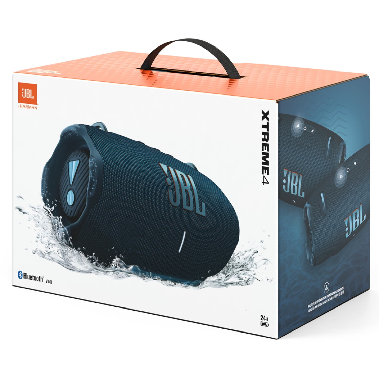 Enceinte JBL Xtreme 4 dans sa boîte. La boîte est blanche et orange, avec l'enceinte au premier plan, avec des éclaboussures d'eau.