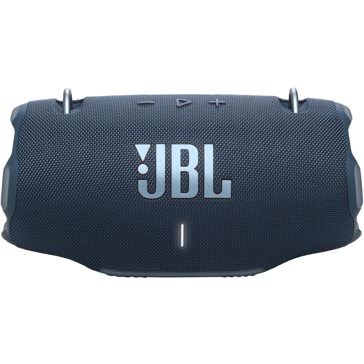 Une enceinte JBL bleu foncé. Elle porte le logo JBL en argent. Elle possède des boutons et une lumière à l'avant.
