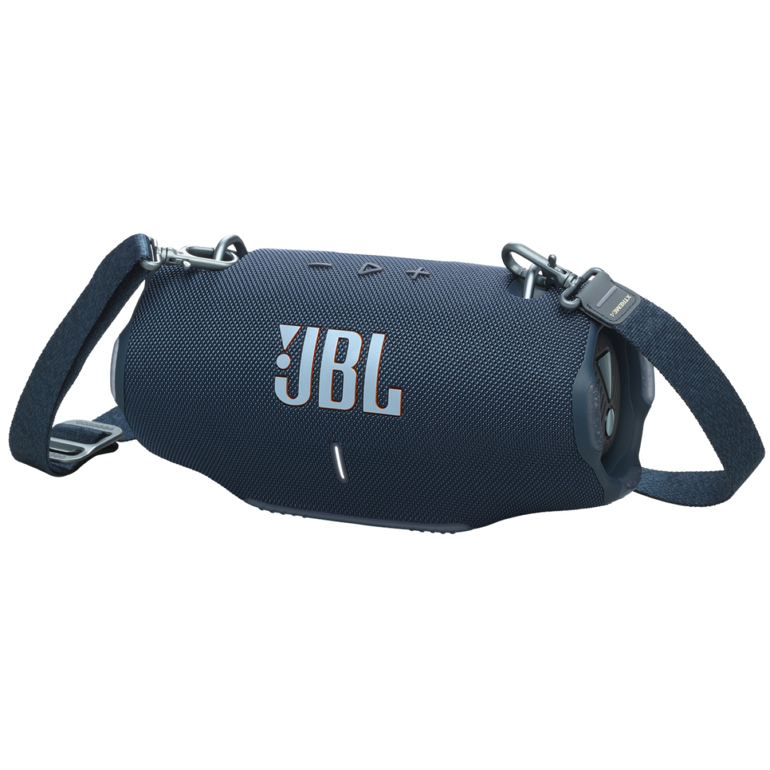 Un haut-parleur JBL bleu foncé avec une sangle est montré. Il porte le logo JBL, et la sangle a des clips aux deux extrémités.