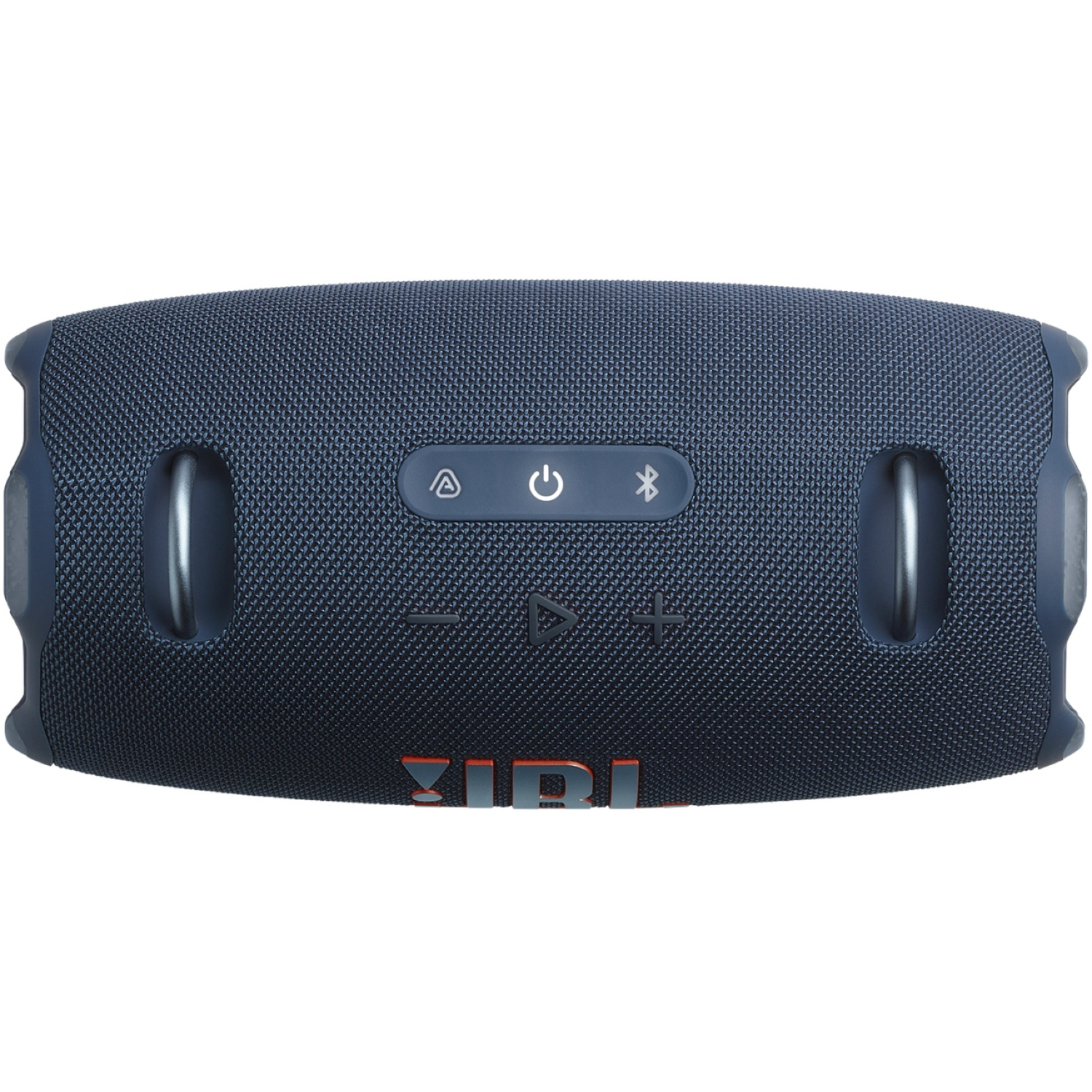Un haut-parleur JBL bleu marine sur fond blanc. Il a des boutons de contrôle, des poignées métalliques et le logo JBL. Le haut-parleur est rectangulaire.