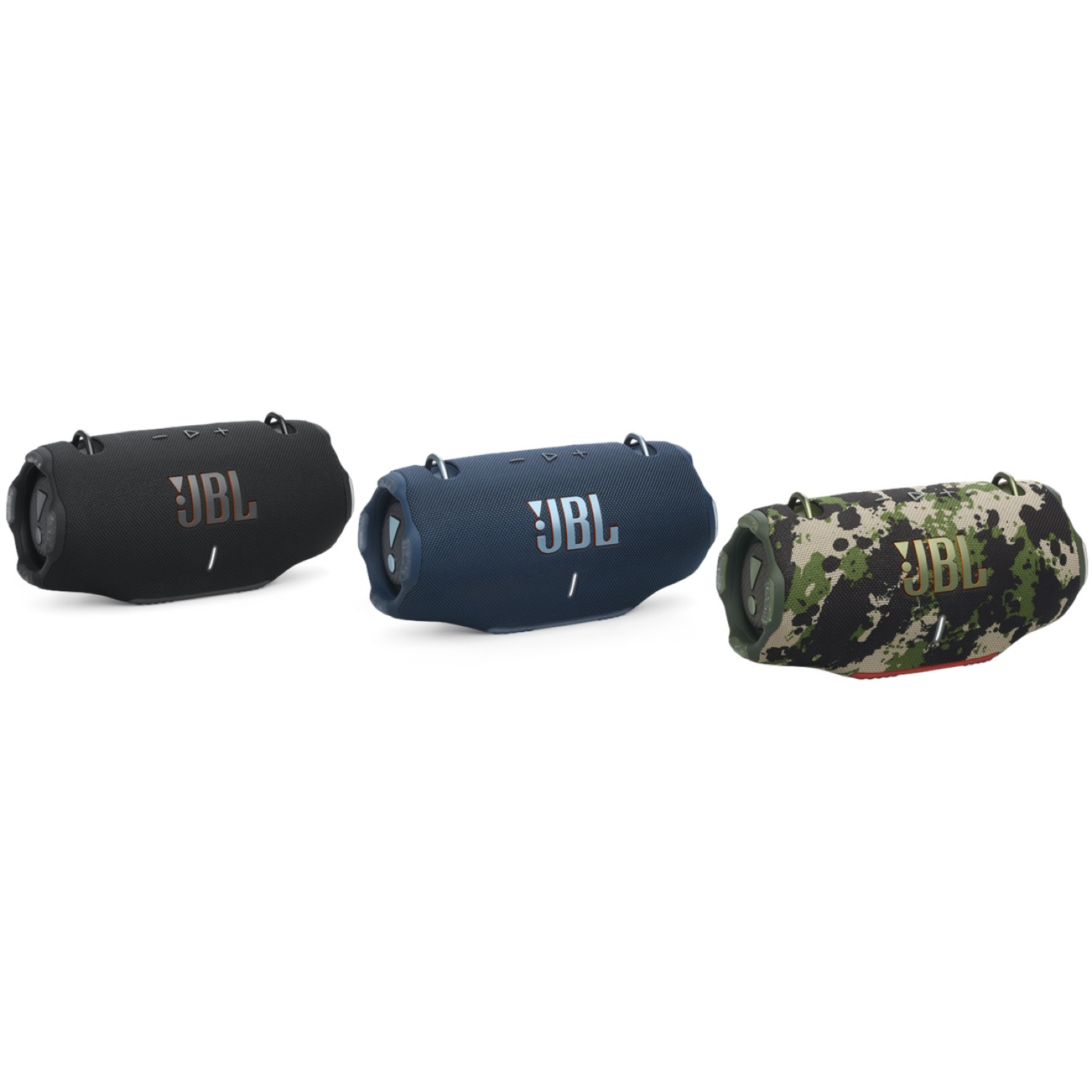 Trois enceintes JBL : noire, bleue et camouflage. Chacune porte le logo JBL. Le tout sur fond blanc.
