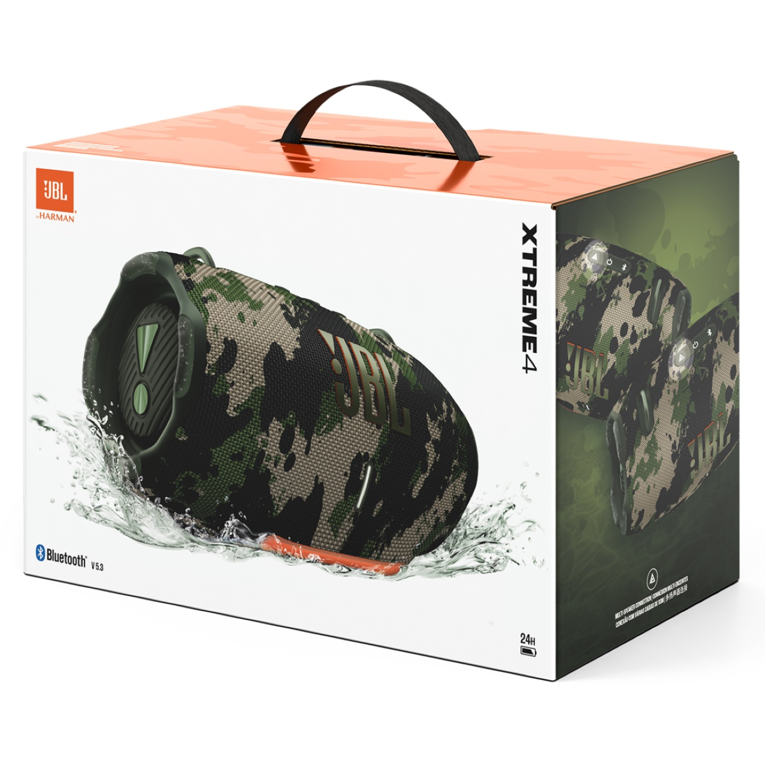 Un haut-parleur JBL Xtreme 4 dans un emballage camouflage. La boîte présente le haut-parleur, des éclaboussures d'eau et le logo JBL.