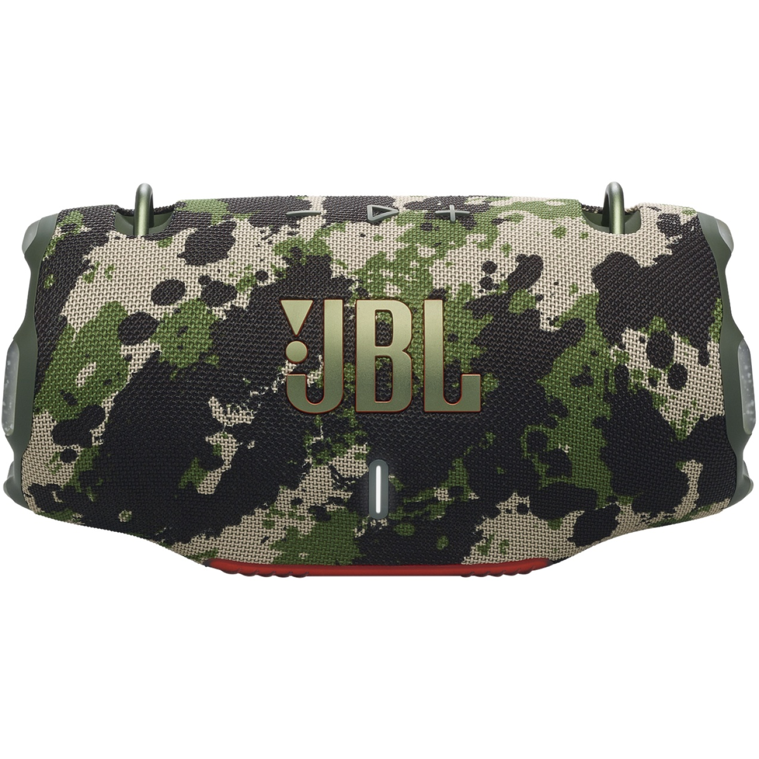 Un haut-parleur JBL camouflage. Il présente des motifs verts, noirs et beiges. Le nom de la marque est doré. Une bande rouge en bas.