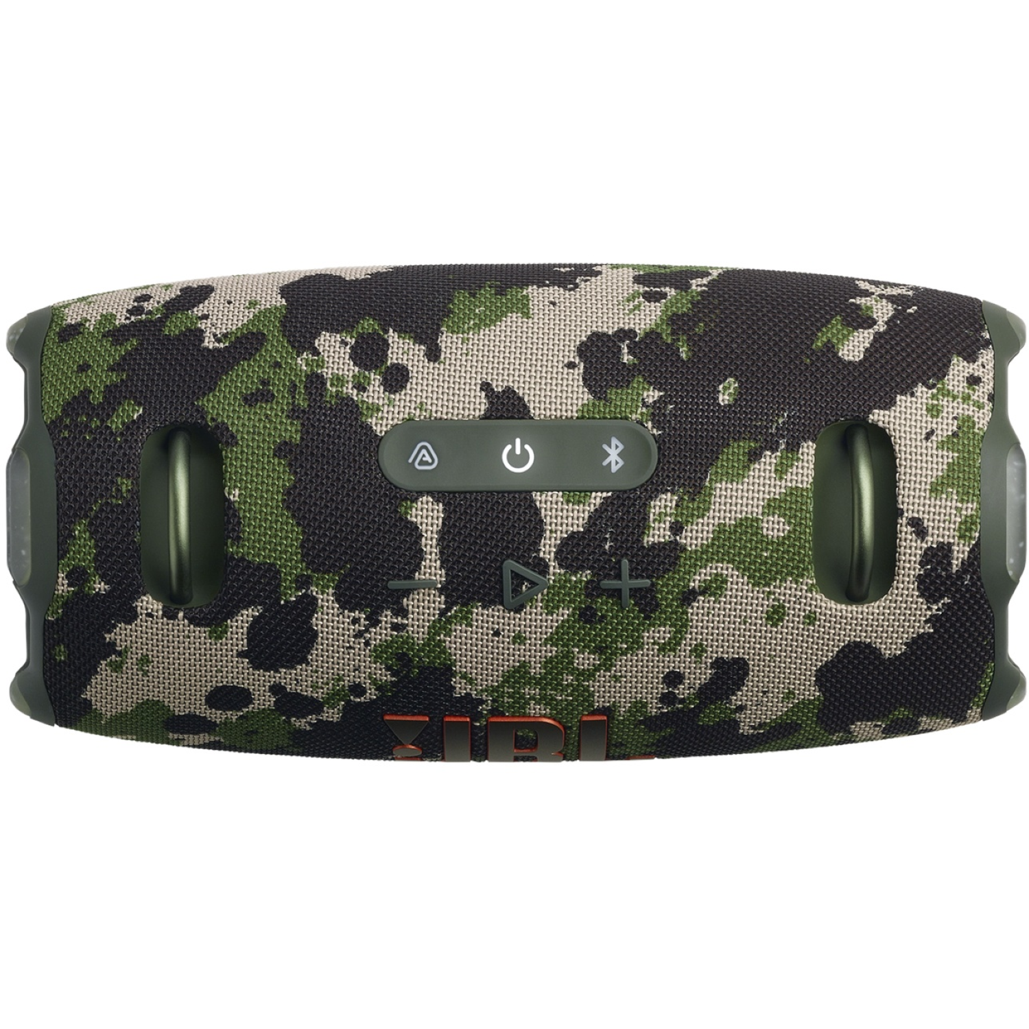 Haut-parleur JBL camouflage avec boutons de commande. Motif camouflage vert et noir. Logo JBL en bas.