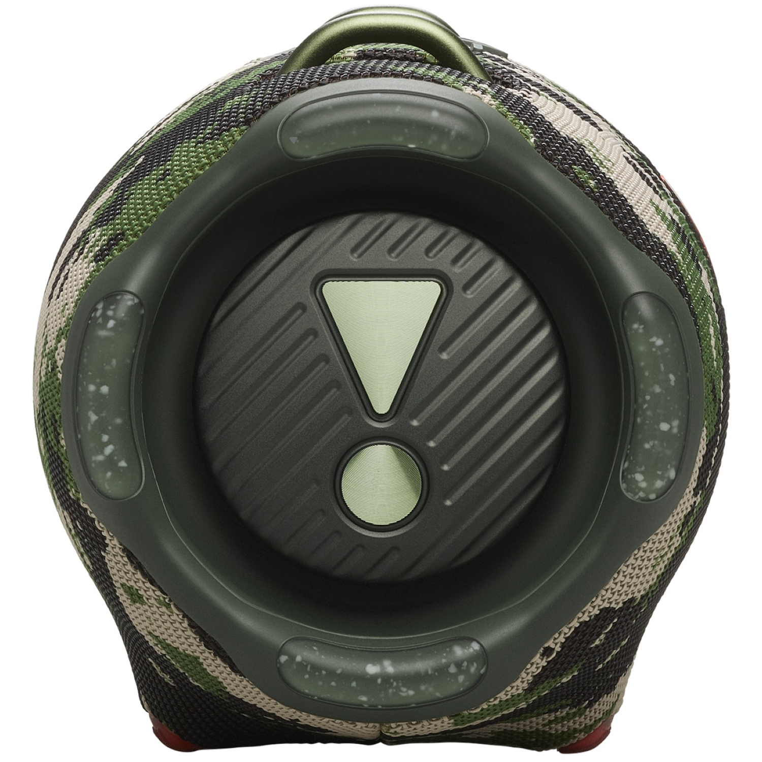 Un haut-parleur camouflage de forme circulaire. Il possède une poignée, un haut-parleur central avec un point d'exclamation et une bordure verte.