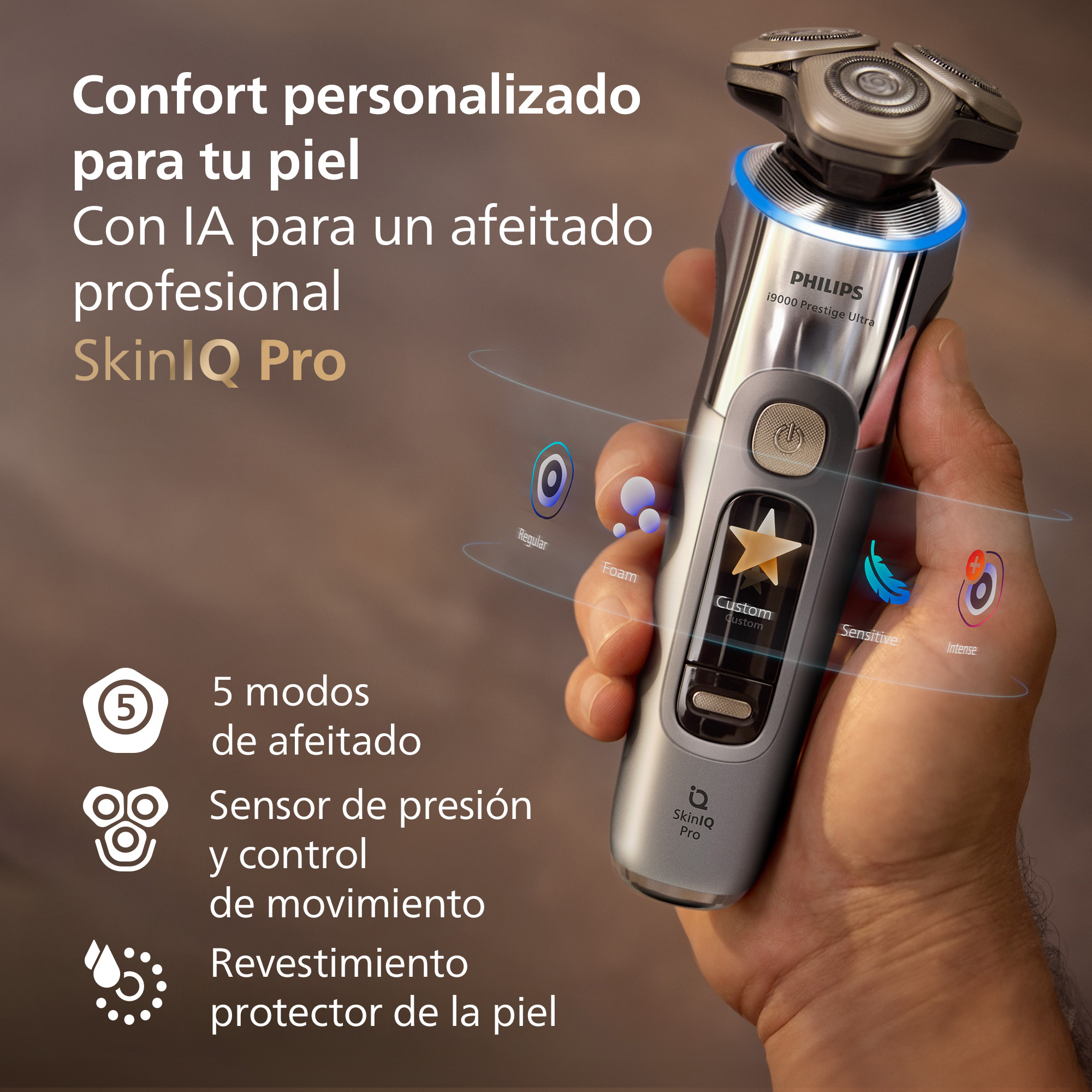Confort personalizado para tu piel, SkinIQ Pro. 5 modos de afeitado, sensor de presión y control de movimiento, revestimiento protector de la piel.