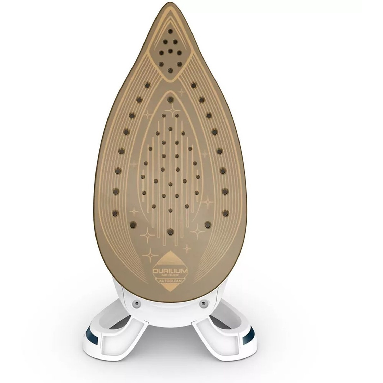 Close-up of a beige iron base with a white stand. Features include steam holes and a logo. The iron rests on a white surface.