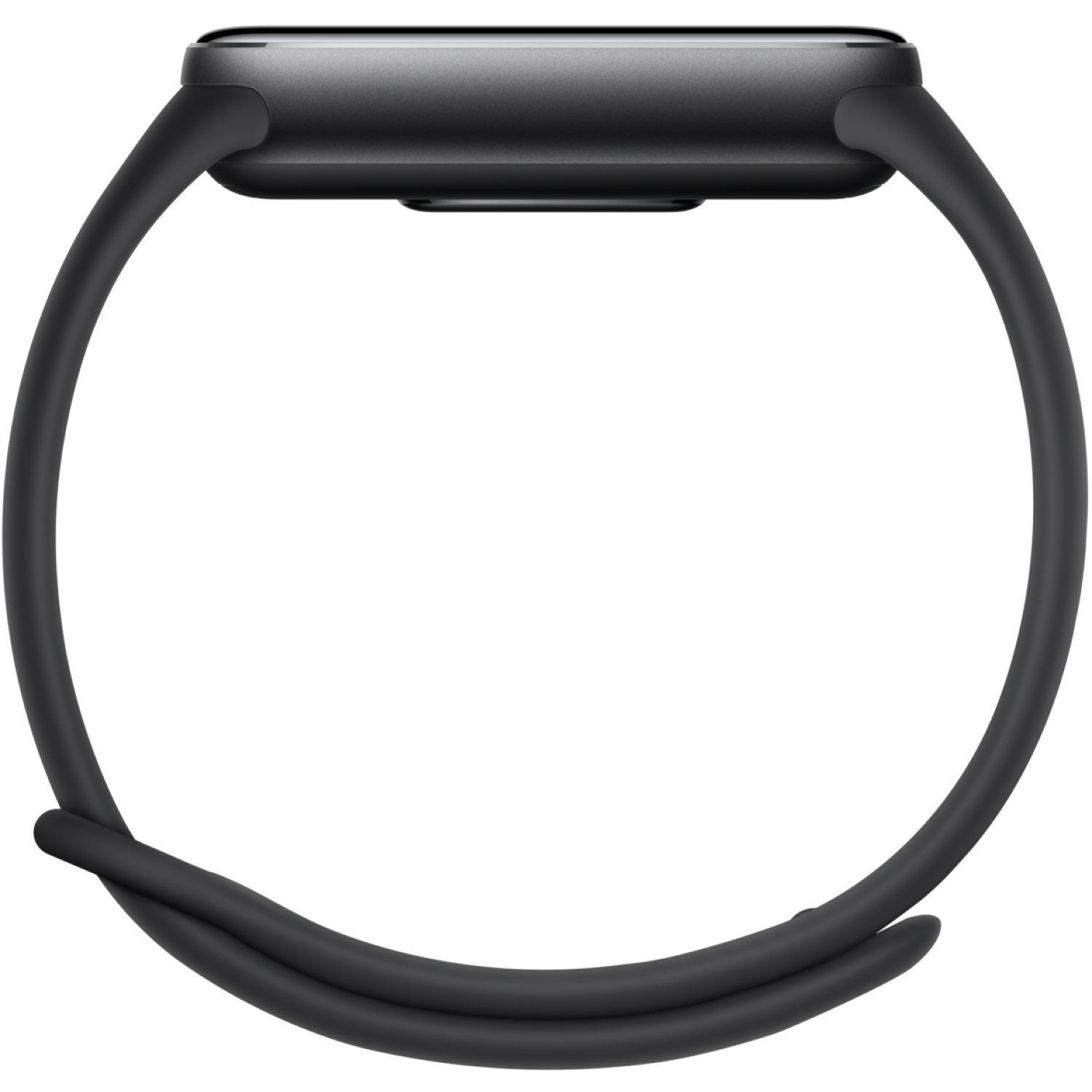Un tracker de fitness noir avec un bracelet incurvé. Le tracker est rectangulaire avec des coins arrondis. Le bracelet est bouclé et s'enroule.