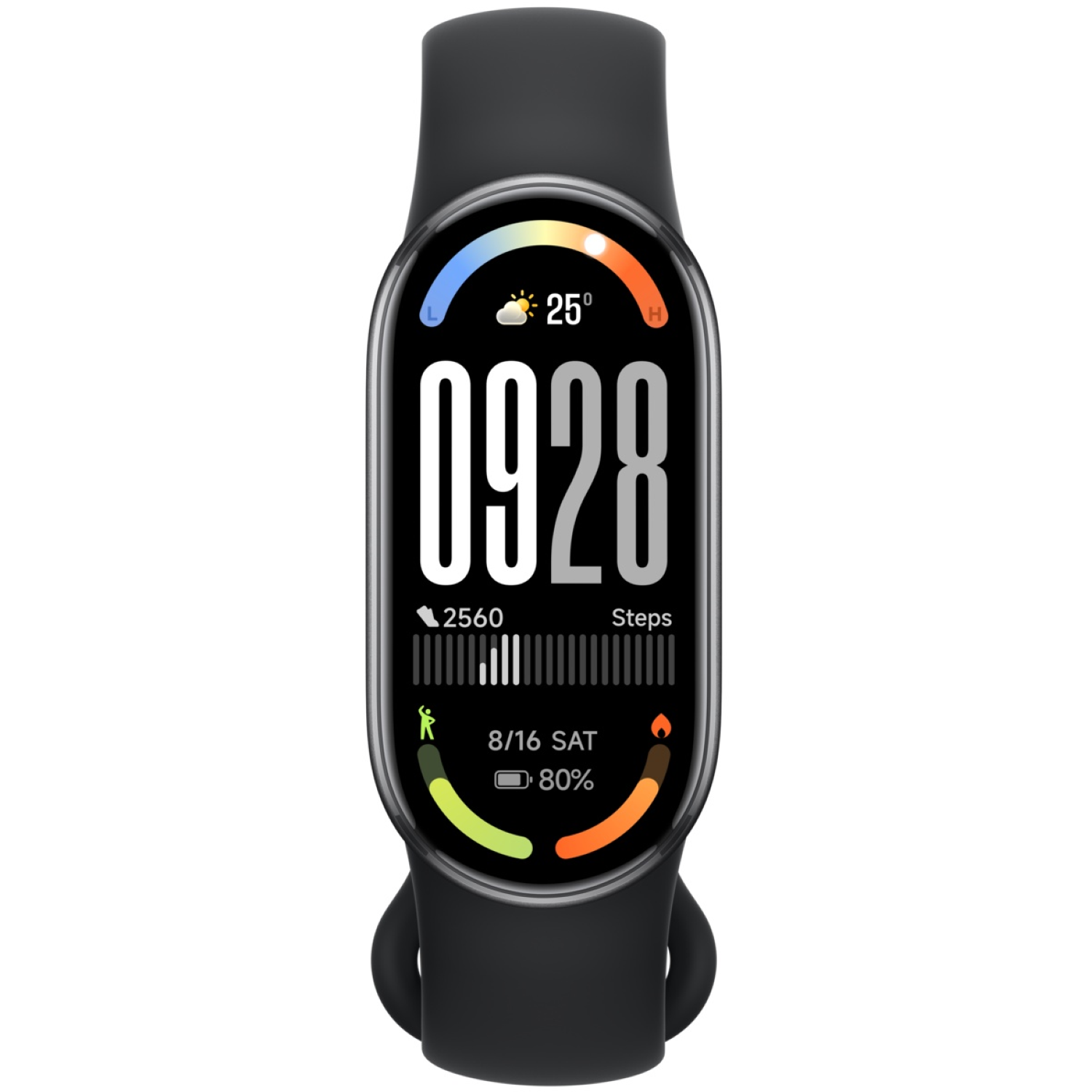 Montre connectée noire affichant l'heure 0928, la météo à 25 degrés, les pas et la durée de vie de la batterie. Le bracelet est noir.