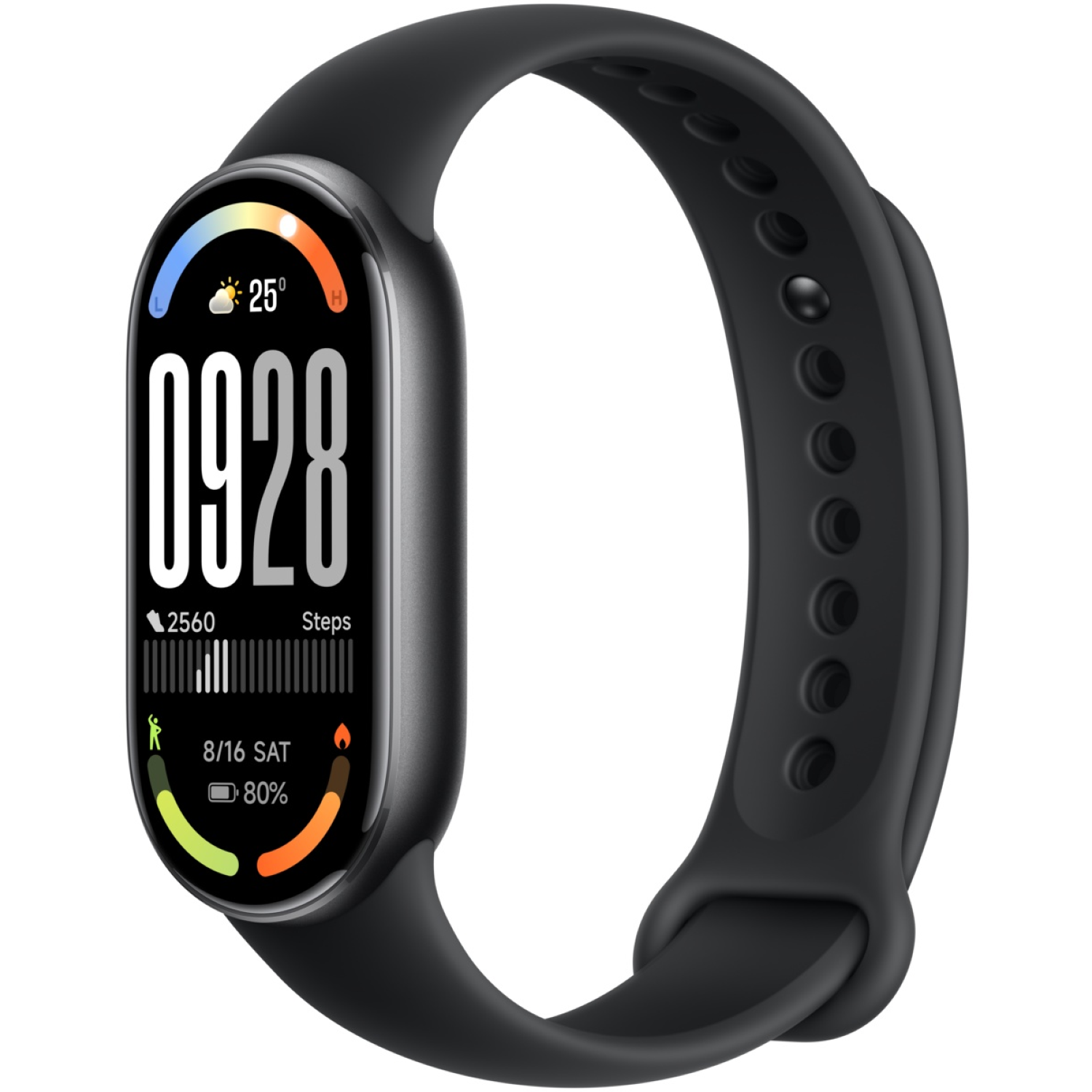 Une montre intelligente noire affichant l'heure, les pas et la durée de vie de la batterie. Elle a un écran incurvé avec un bracelet noir.