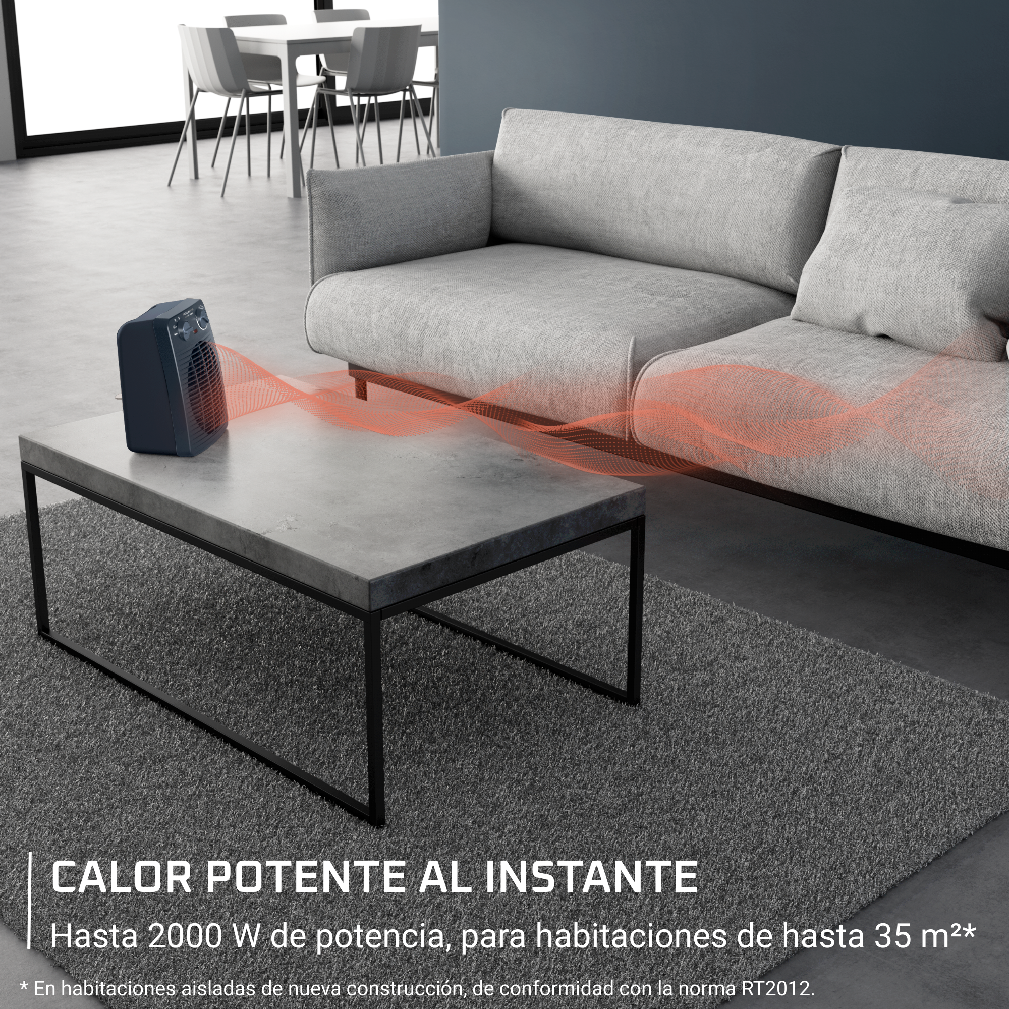 Un calefactor espacial azul oscuro sobre una mesa gris. Detrás hay un sofá gris. Líneas rojas emanan del calefactor.