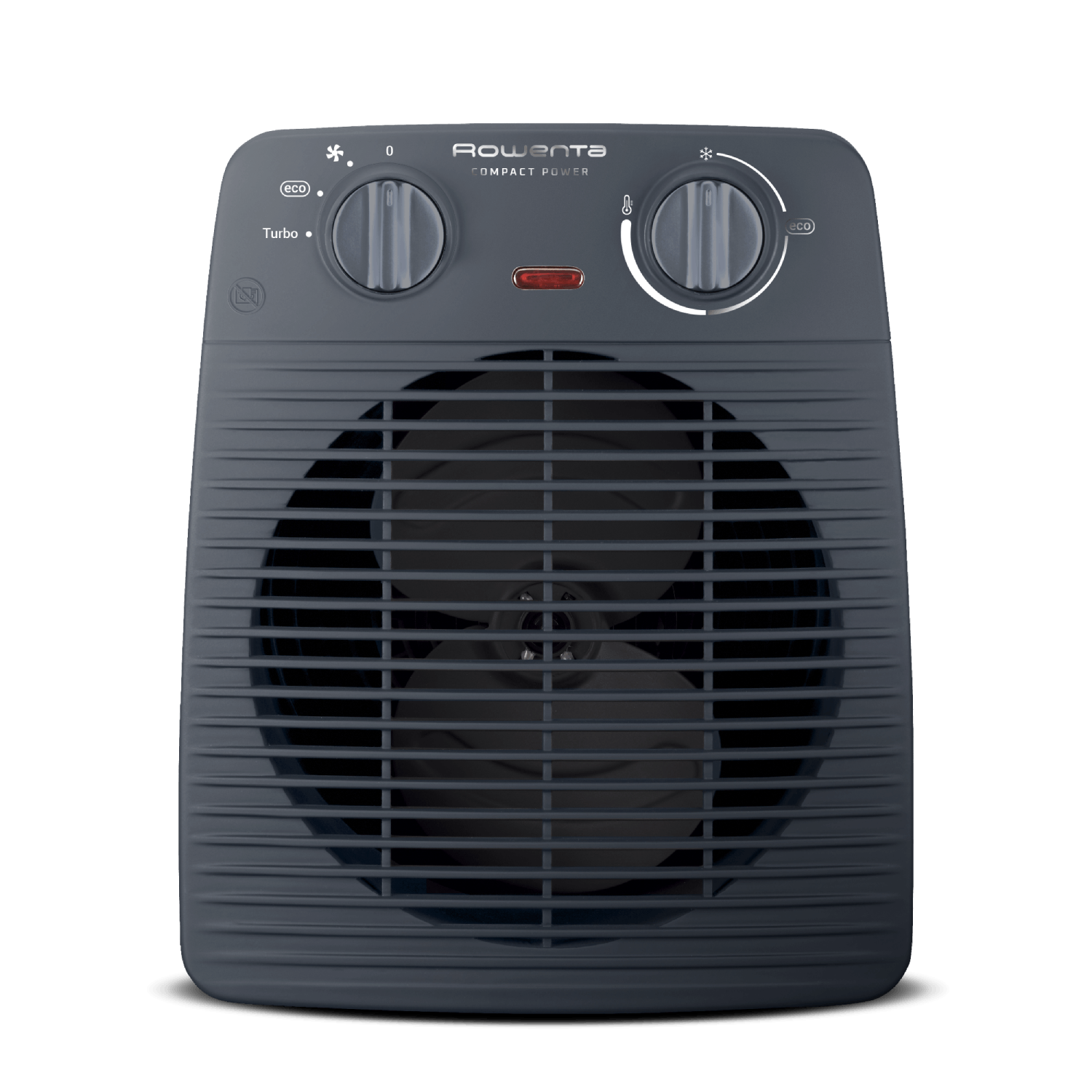 Calentador Rowenta Compact Power gris oscuro. Tiene dos perillas de control, un ventilador y una luz roja. El fondo es negro.
