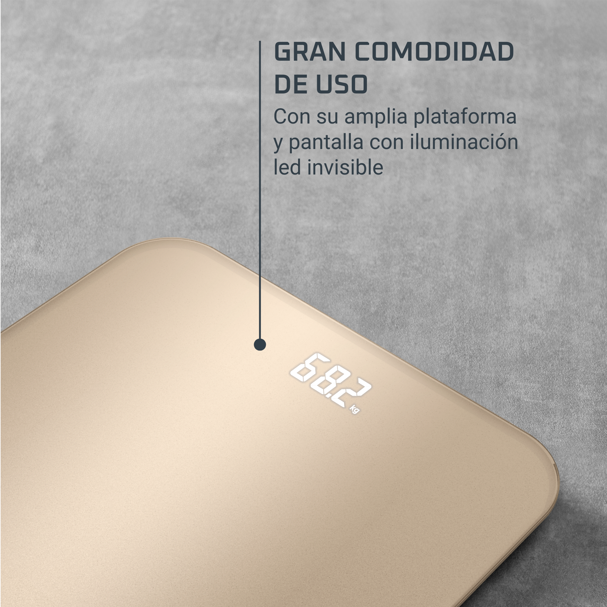 Una báscula digital con superficie beige muestra 68,2 kg. Fondo gris con texto: Gran comodidad de uso.