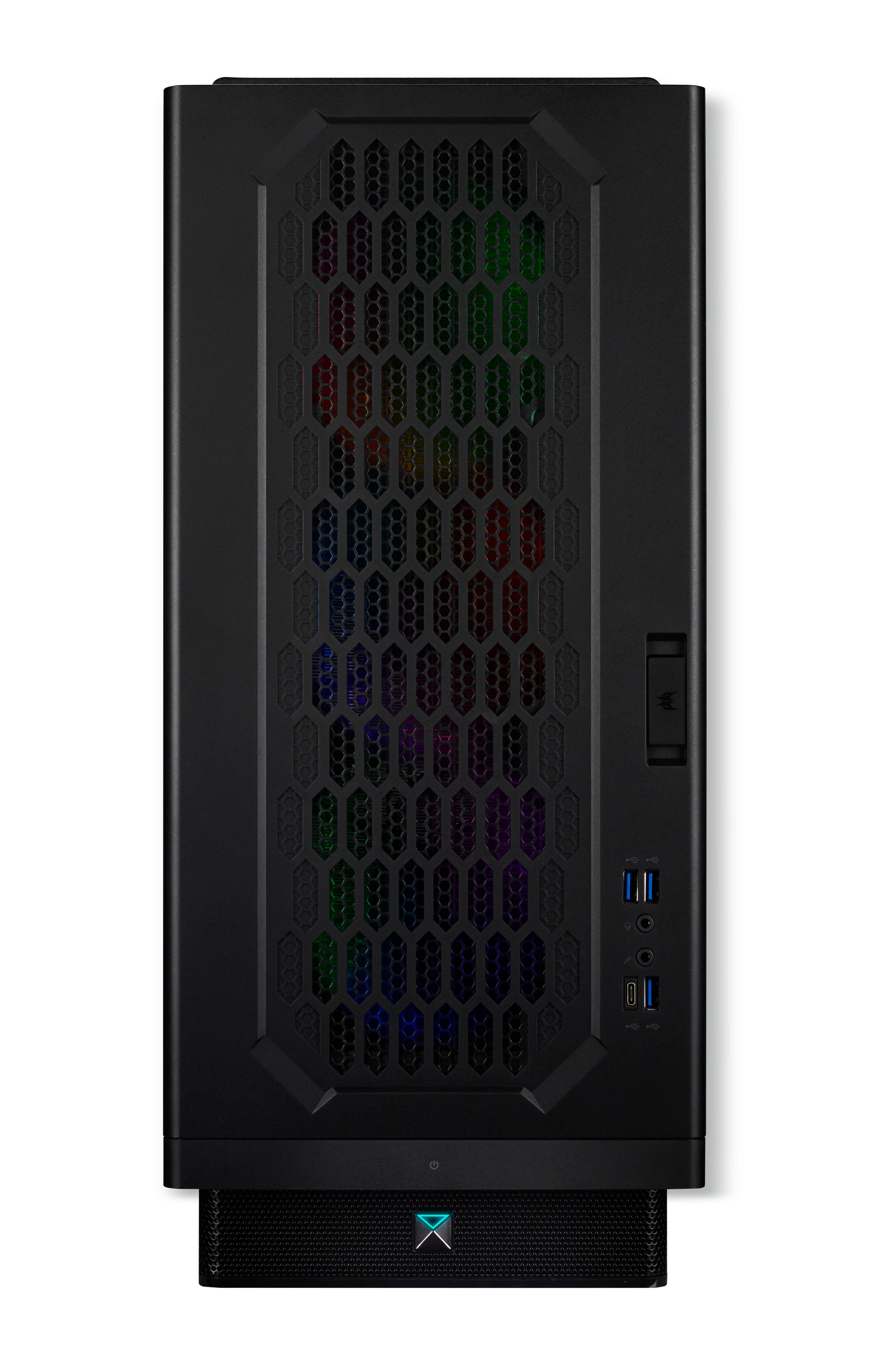 Schwarzes Computergehäuse, Vorderansicht. Hexagongrill mit Regenbogen-LEDs, USB-Anschlüssen und Logo unten.