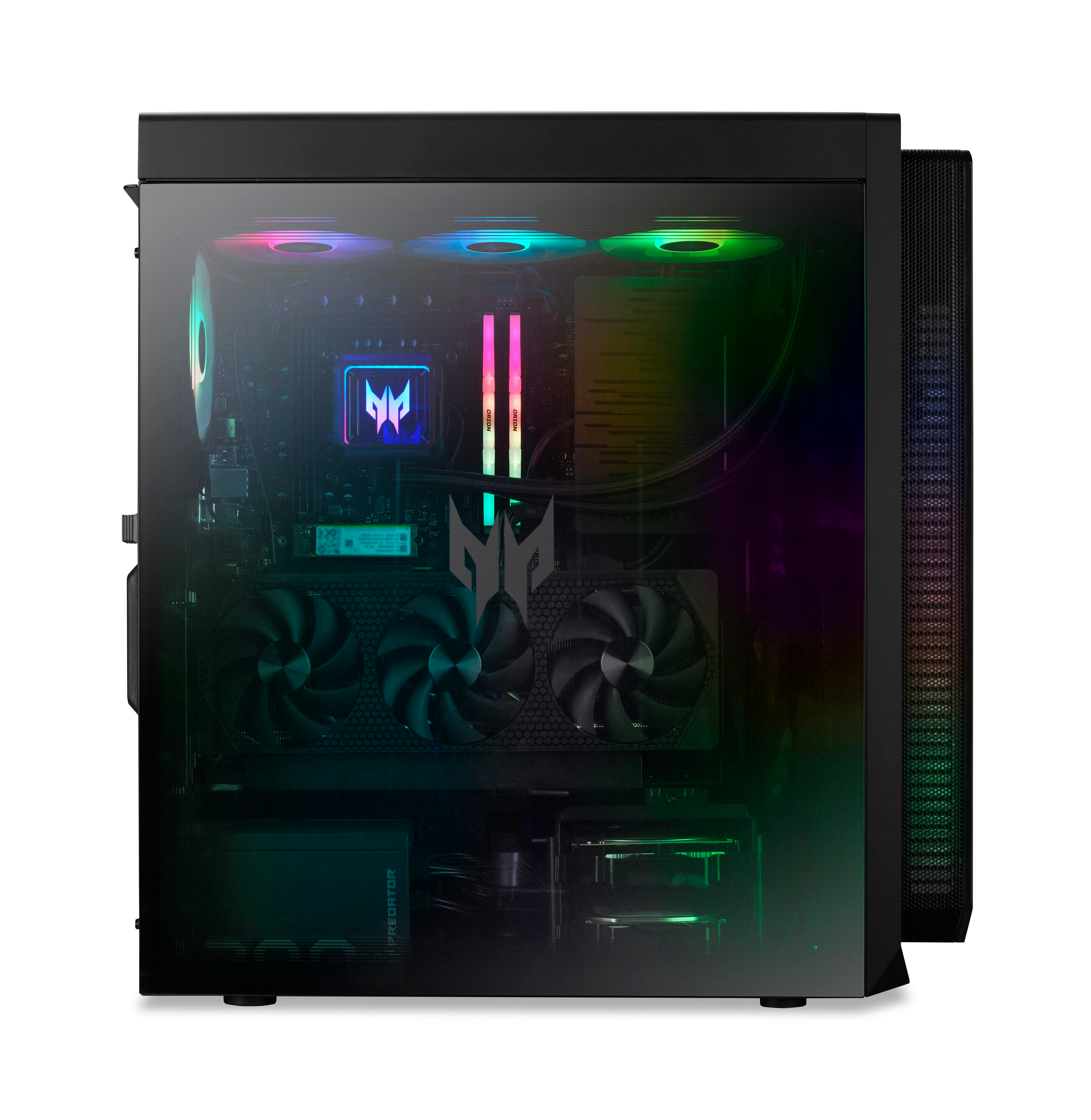 Ein schwarzes Predator-PC-Gehäuse mit sichtbaren internen Komponenten. Lüfter, RAM und GPU sind zu sehen. RGB-Beleuchtung.