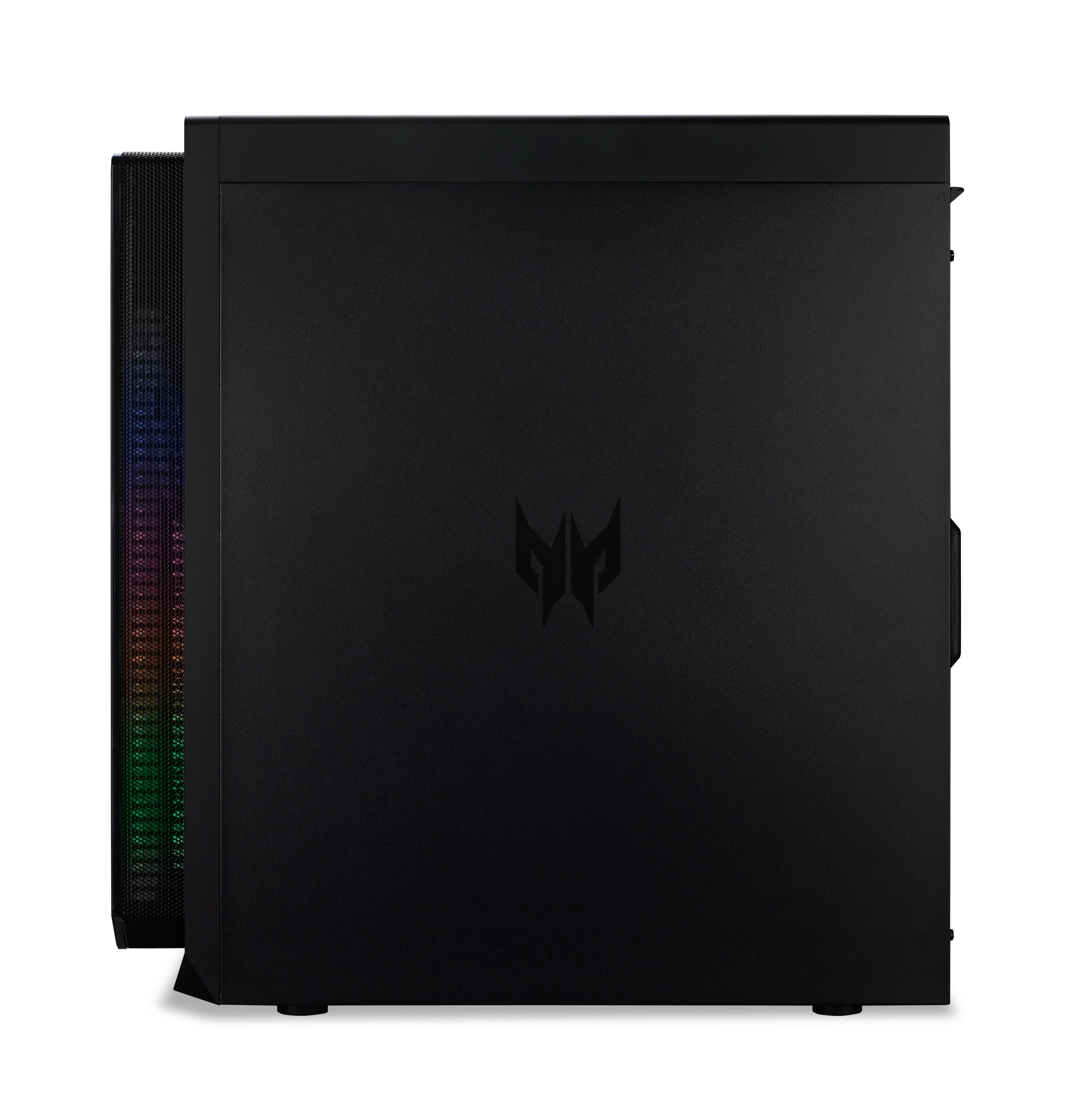 Ein schwarzes Computergehäuse mit Predator-Logo. Es hat eine Mesh-Front und bunte Lichter an der Seite.