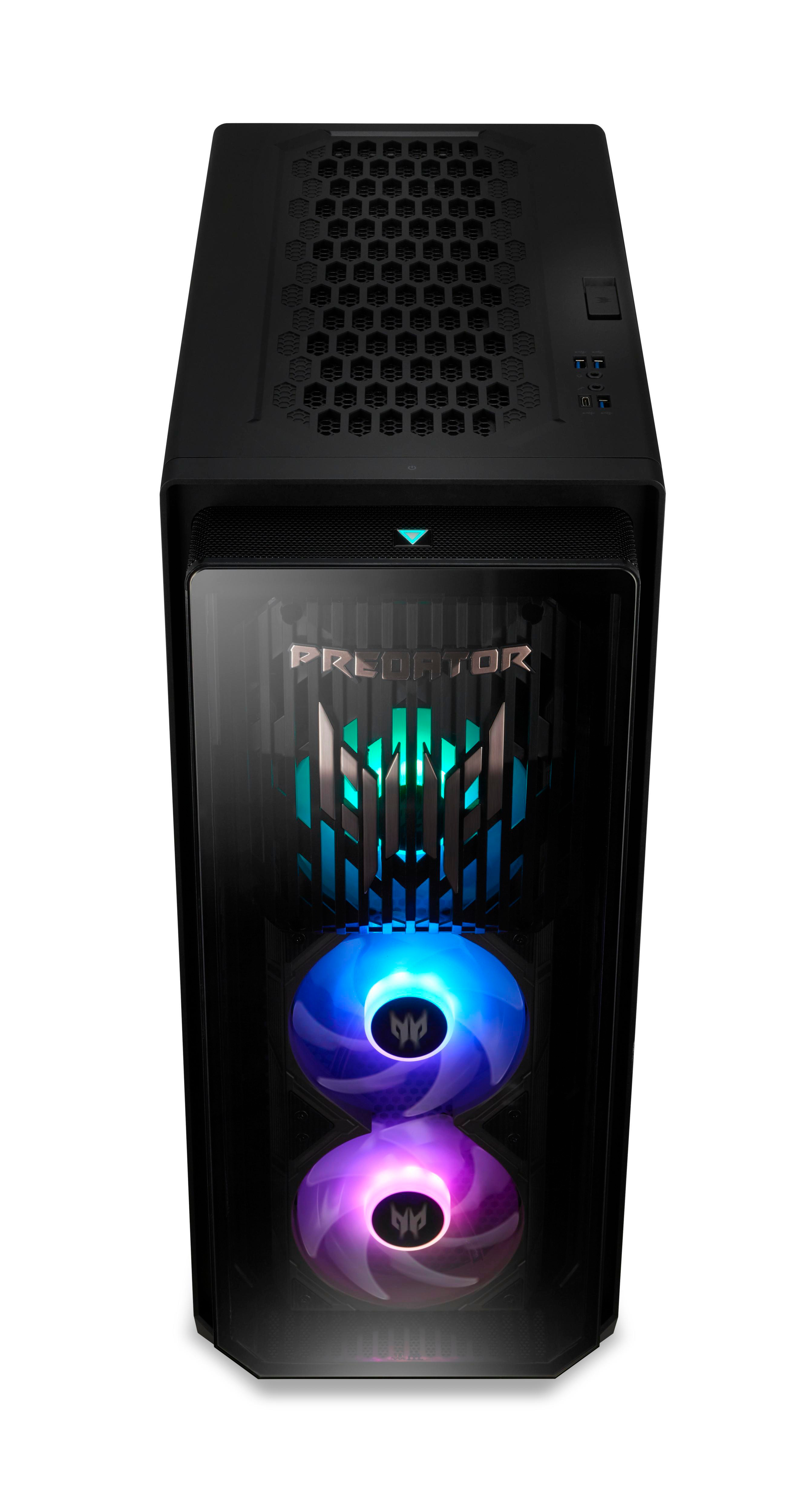Ein schwarzes Predator-Gaming-PC-Gehäuse mit Glasfront. Es hat beleuchtete Lüfter in Blau und Lila sowie das Predator-Logo.