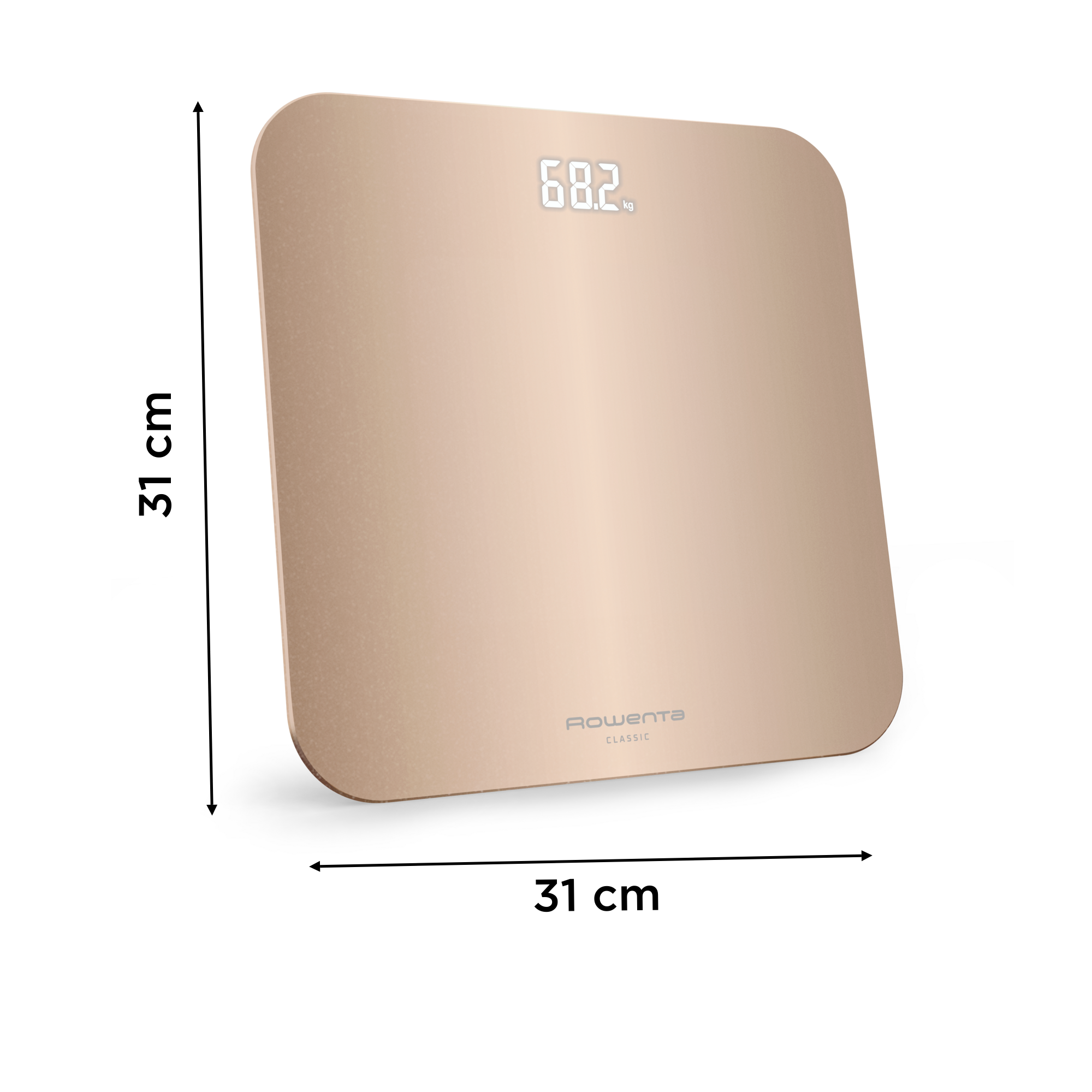Una báscula de baño digital beige muestra 68,2 kg. Mide 31 cm x 31 cm, con esquinas redondeadas. La marca es Rowenta Classic.