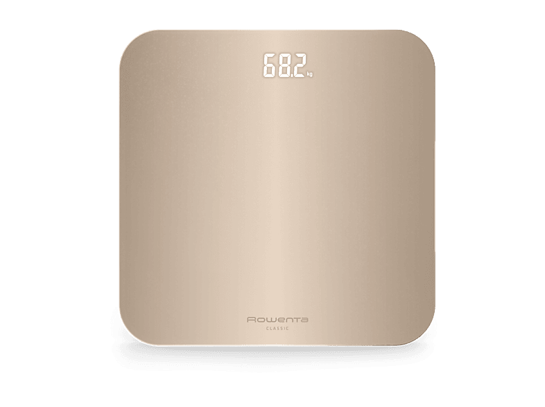 Báscula de baño - Rowenta Classic BS1900, 180 kg, Pantalla invisible con iluminación LED, Diseño plano, Apagado automático, Cristal templado, Oro