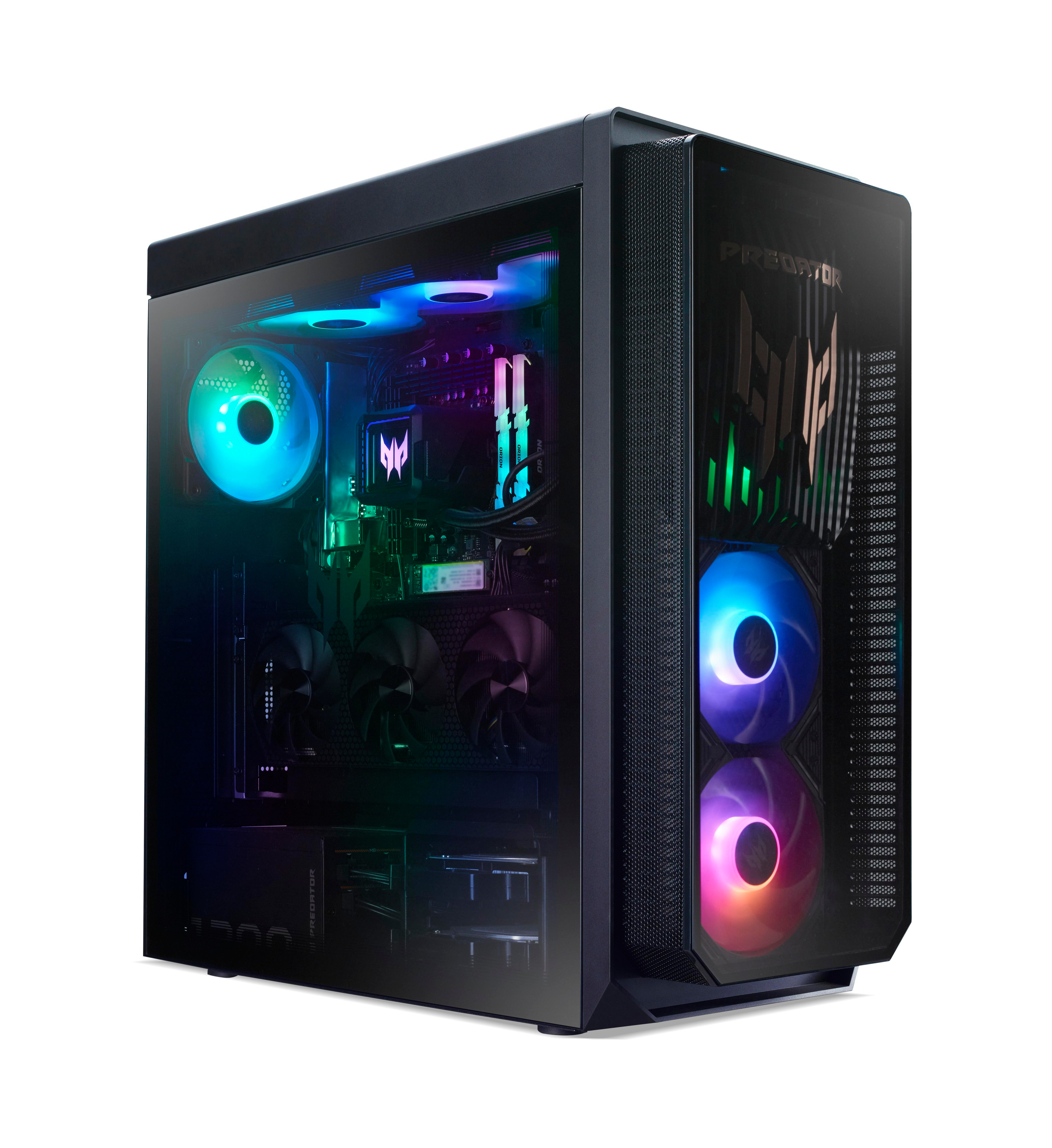 Ein Predator-PC-Gehäuse mit bunten Lichtern. Lüfter, CPU und RAM sind hinter der Glasscheibe sichtbar. Das Gehäuse hat das Predator-Logo.