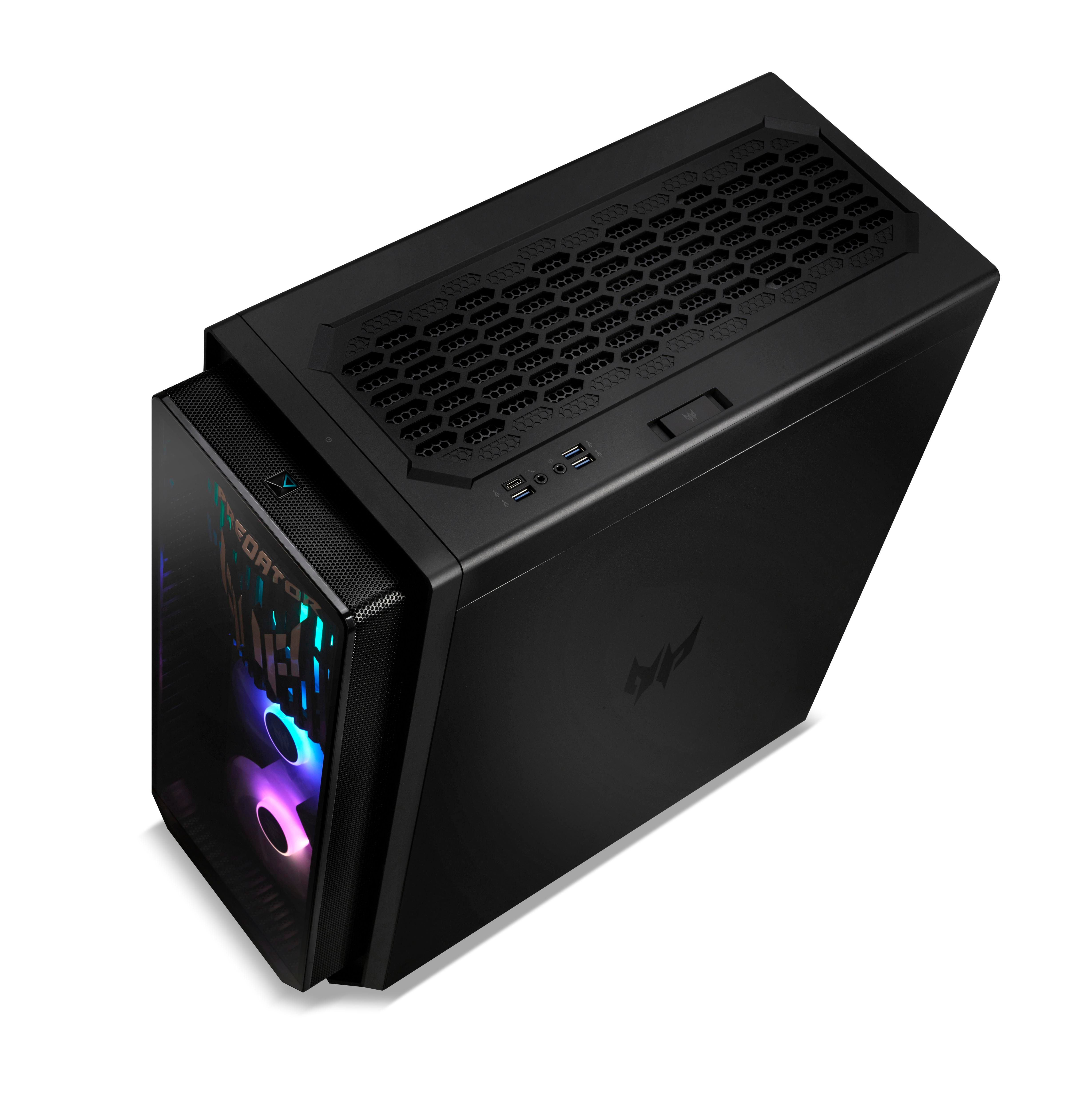 Schwarzes Computergehäuse mit Glasseitenwand. Es hat ein Wabenmuster auf der Ober- und Vorderseite mit leuchtenden Lichtern.
