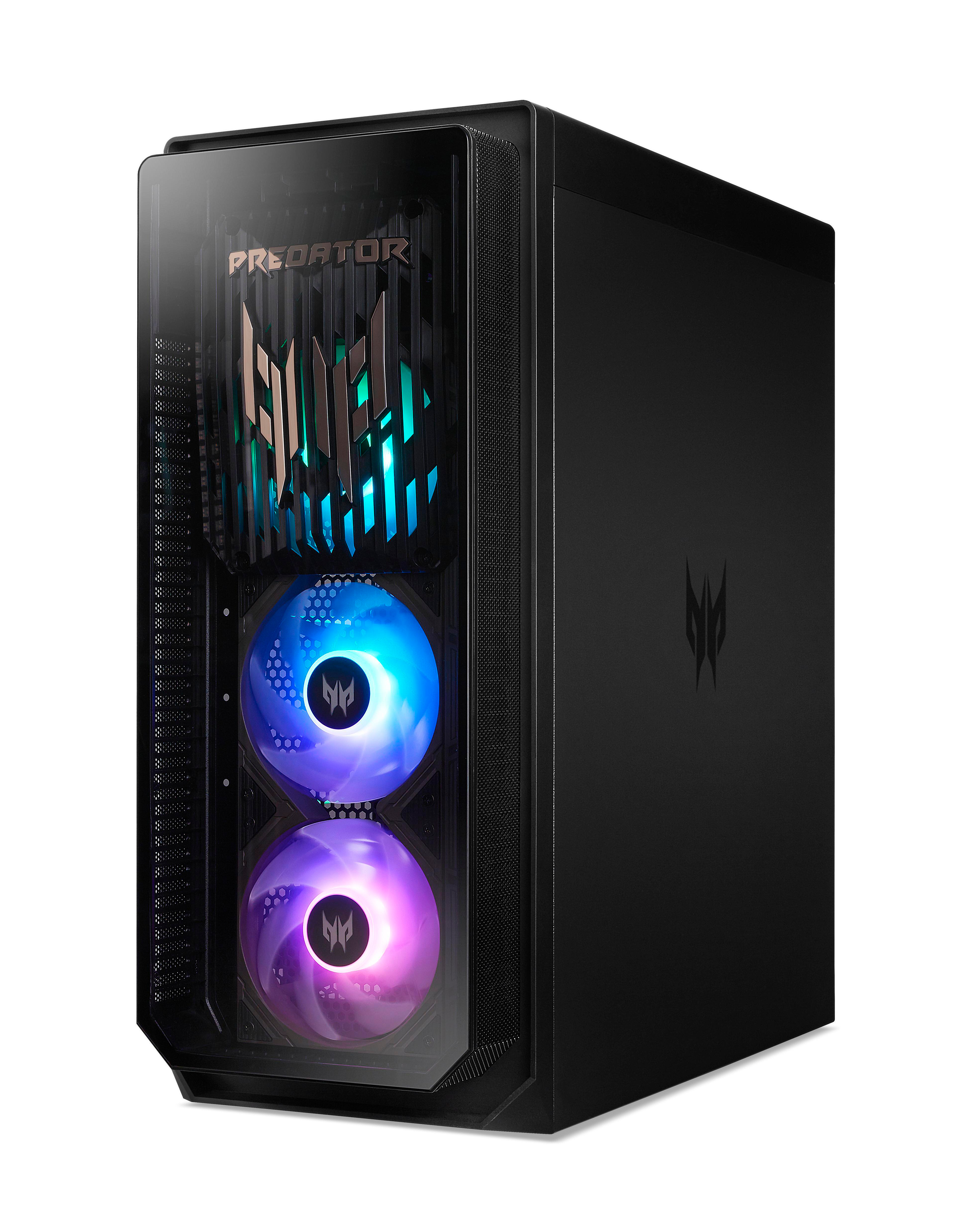 Schwarzes Predator PC-Gehäuse. Es hat Lüfter mit blauen und lila Lichtern. Das Predator-Logo ist sichtbar.