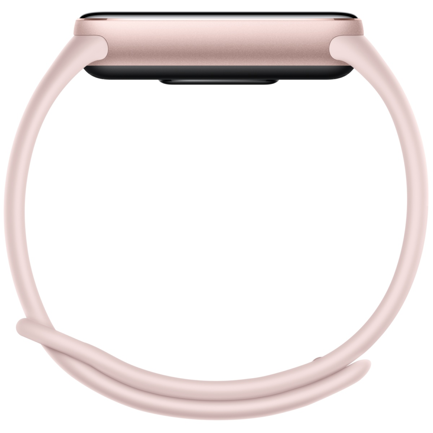 Une montre connectée or rose avec écran noir et bracelet rose clair, en forme circulaire, isolée sur fond blanc.
