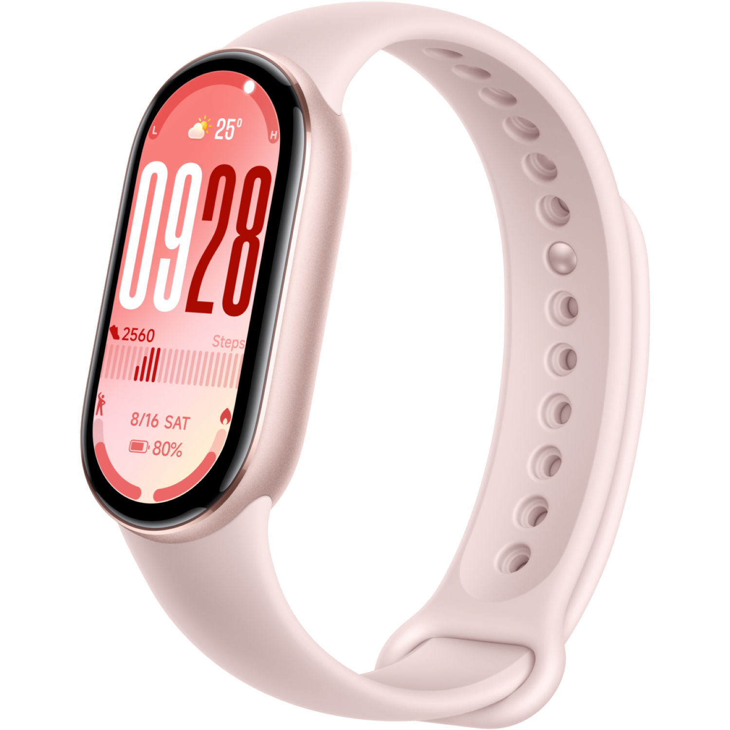 Une montre intelligente rose avec un écran numérique affichant l'heure, les pas et la durée de vie de la batterie. Le bracelet est également rose, et le fond est noir.