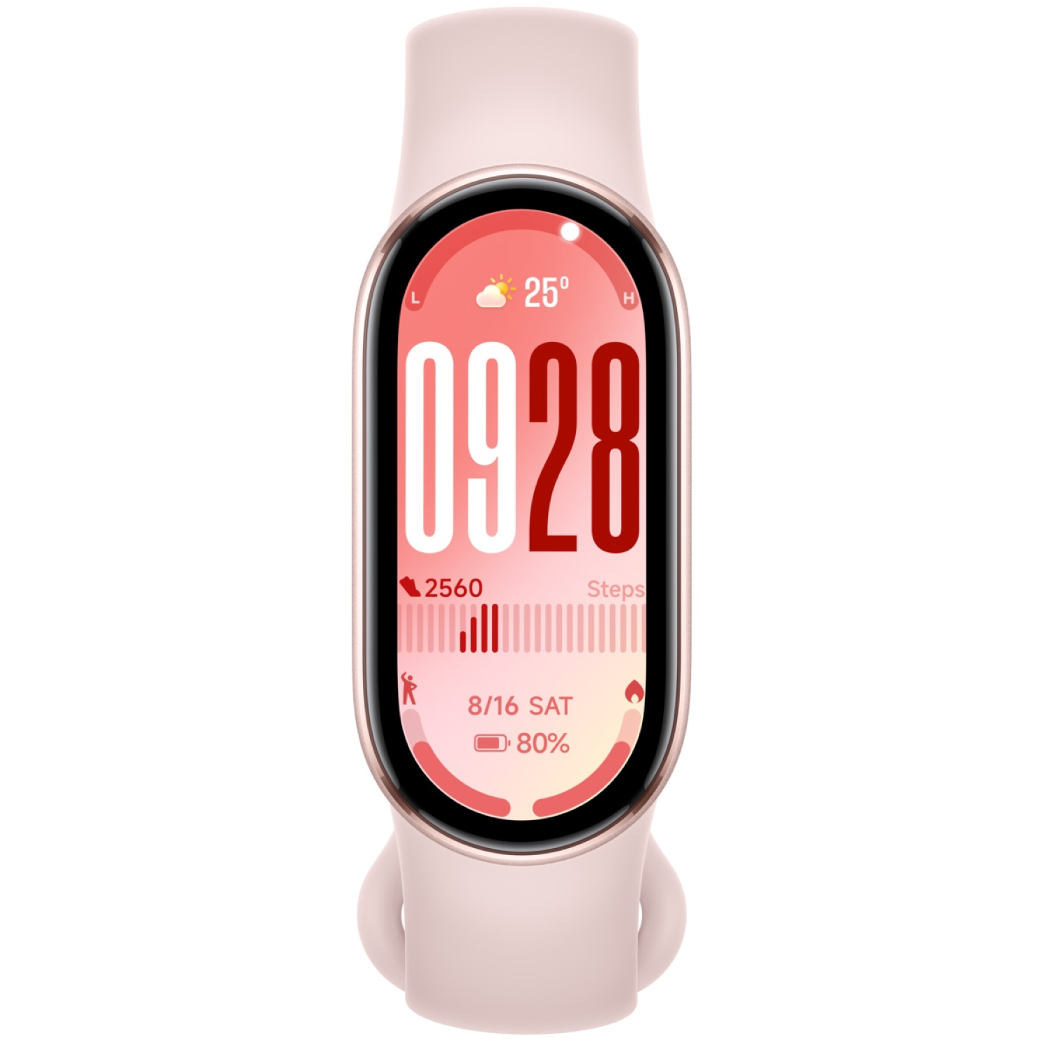 Une montre connectée rose affiche l'heure 09:28, 25 degrés, 2560 pas, 16/8 samedi et 80% de batterie.