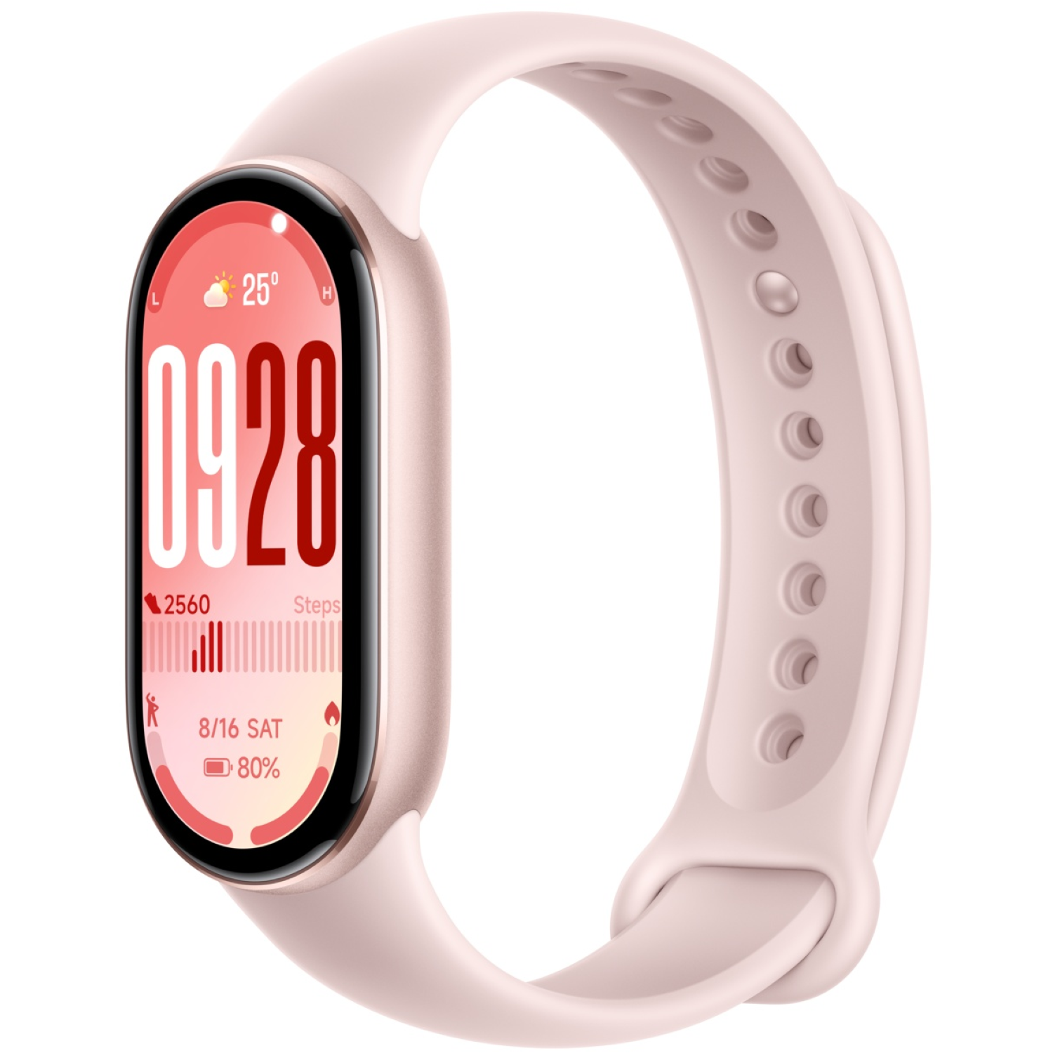 Une montre connectée rose clair avec un écran incurvé affichant l'heure, les pas et la batterie. Le bracelet a des trous pour le réglage.