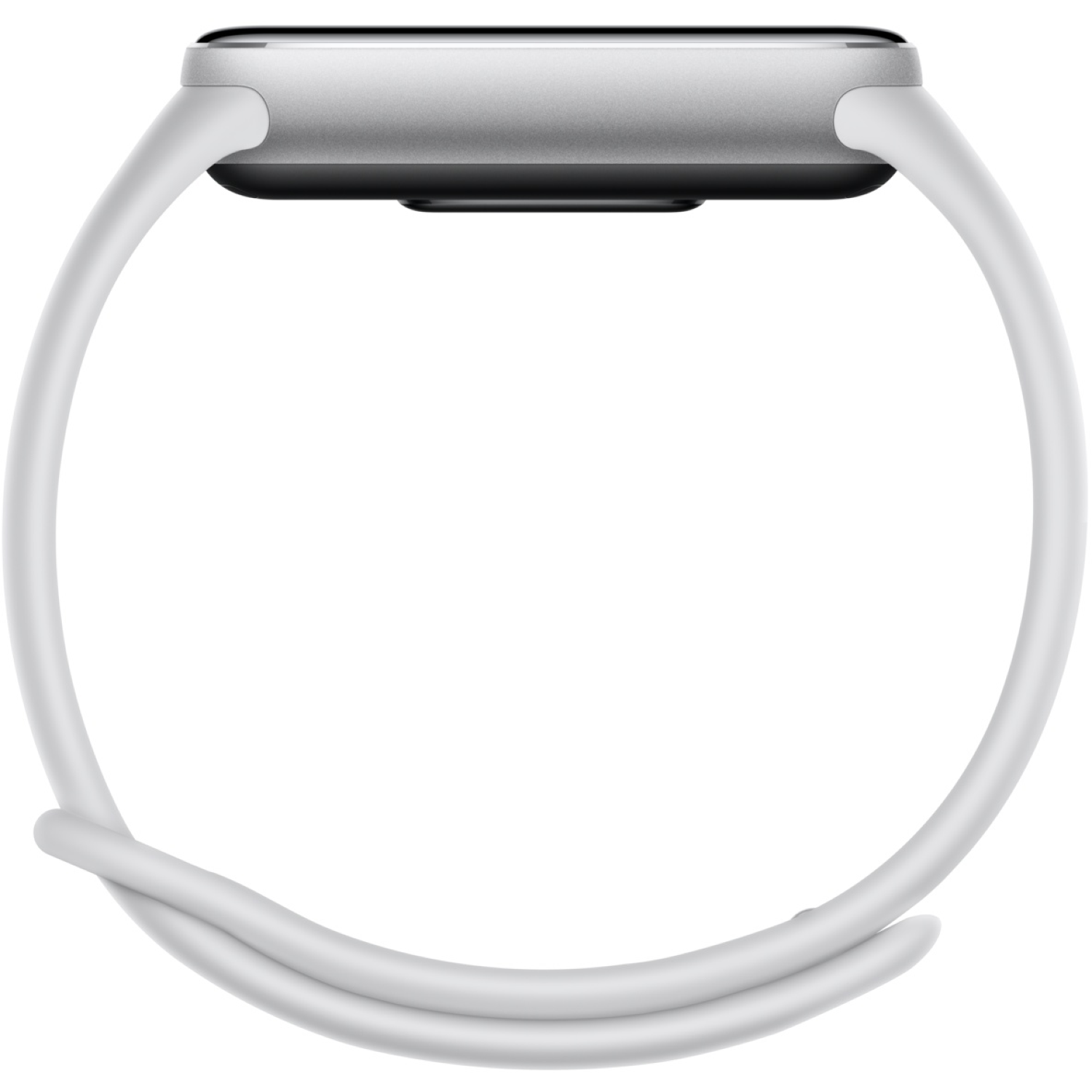 Une smartwatch avec un corps argenté et un bracelet blanc est présentée. Le bracelet est en forme de boucle. L'écran est noir.