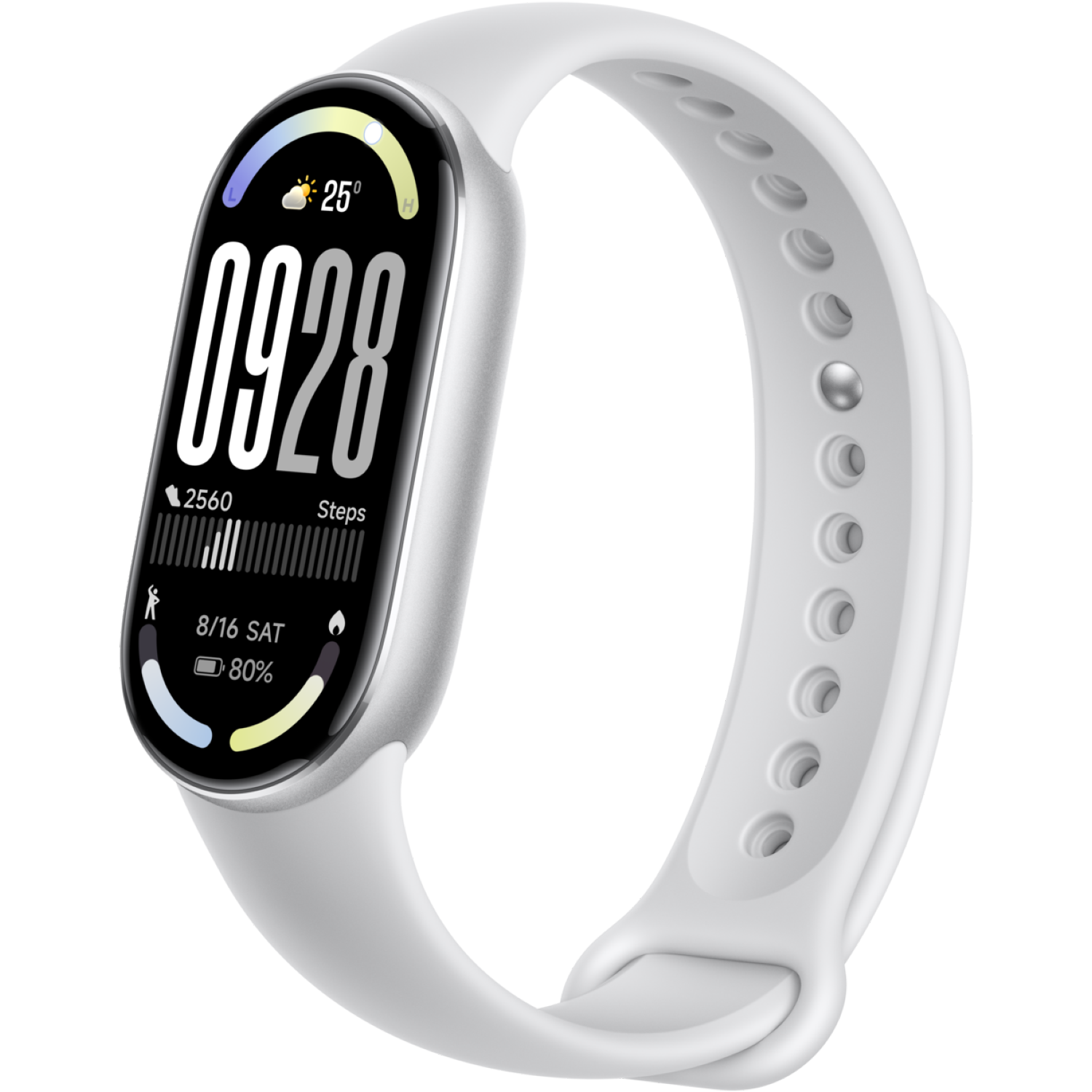 Une montre connectée blanche avec un écran numérique affichant l'heure, les pas et le niveau de la batterie. Le bracelet est blanc avec des trous.