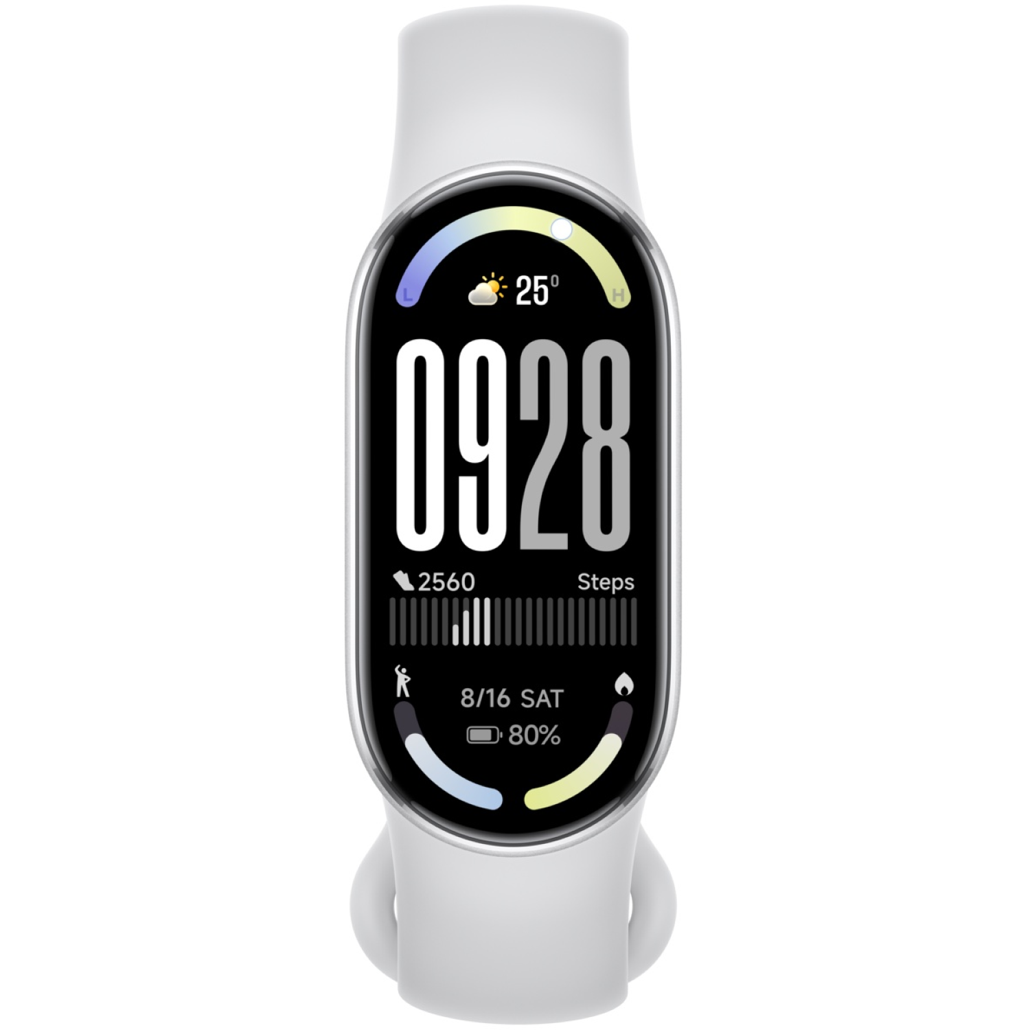 Montre connectée blanche affichant l'heure, les pas et la batterie. Elle montre la date, la météo et les progrès d'activité.