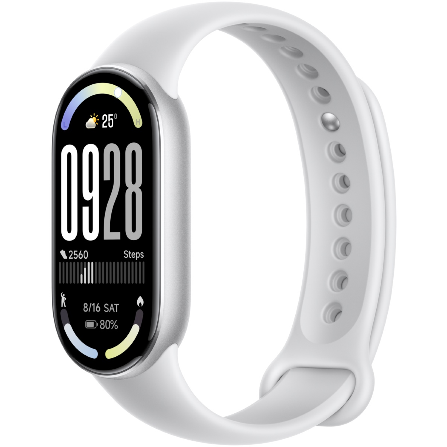 Une montre connectée blanche avec affichage numérique indiquant l'heure, les pas, la batterie et la météo. Le bracelet est blanc.