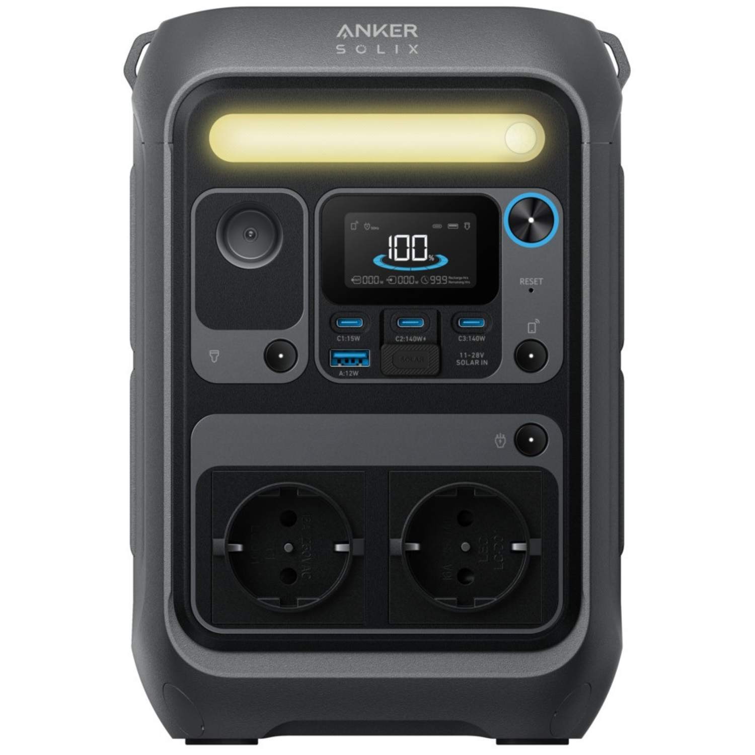 Une station d'alimentation Anker Solix gris foncé. Elle dispose d'un écran affichant 100 % de charge et de plusieurs ports et prises.