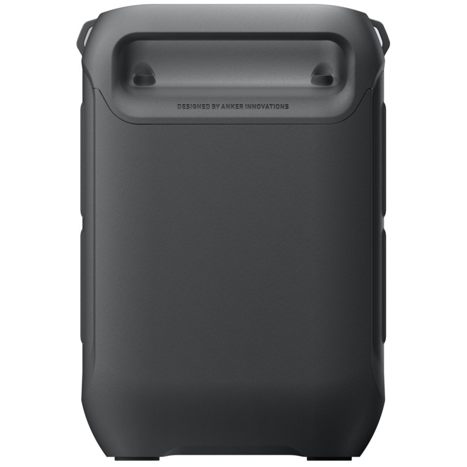 Un haut-parleur rectangulaire gris foncé avec une poignée. Il porte les mots 'DESIGNED BY ANKER INNOVATIONS'.