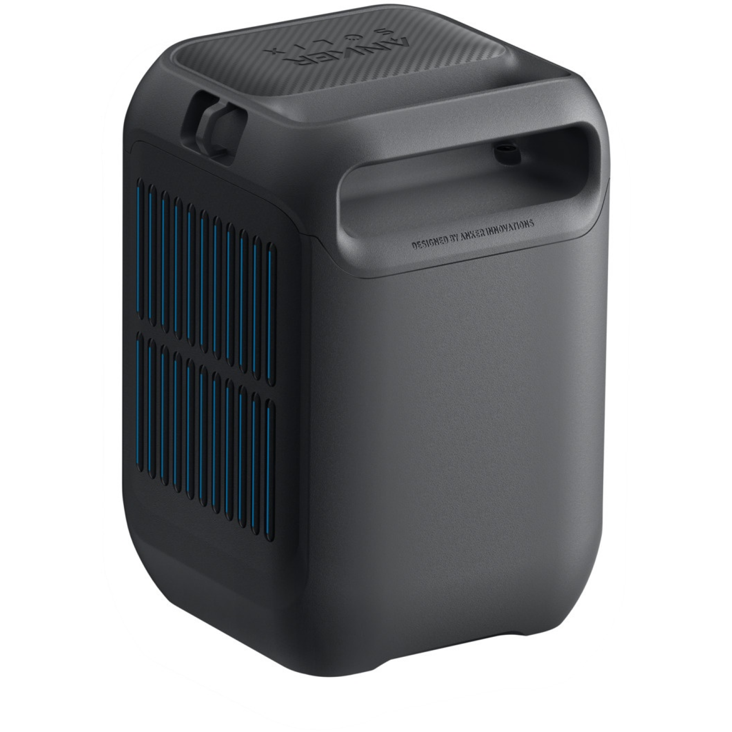 Un appareil Anker noir et rectangulaire avec des lignes verticales bleues sur le côté. Il a une poignée sur le dessus et porte la mention 'Designed by Anker Innovations'.