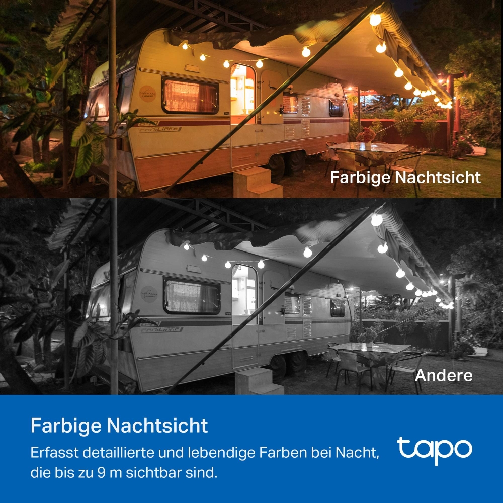 Ein Wohnwagen, der nachts von Lichterketten beleuchtet wird. Die Szene umfasst einen Tisch und Stühle, darunter ein Graustufenbild.
