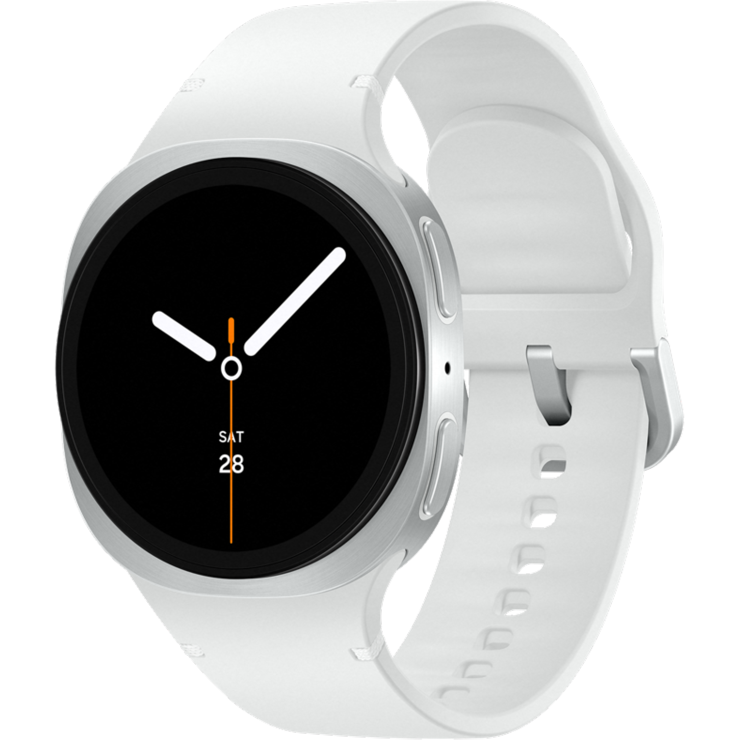 Witte smartwatch met zwart display dat de datum toont. De band is wit. De wijzers zijn wit. De achtergrond is zwart.
