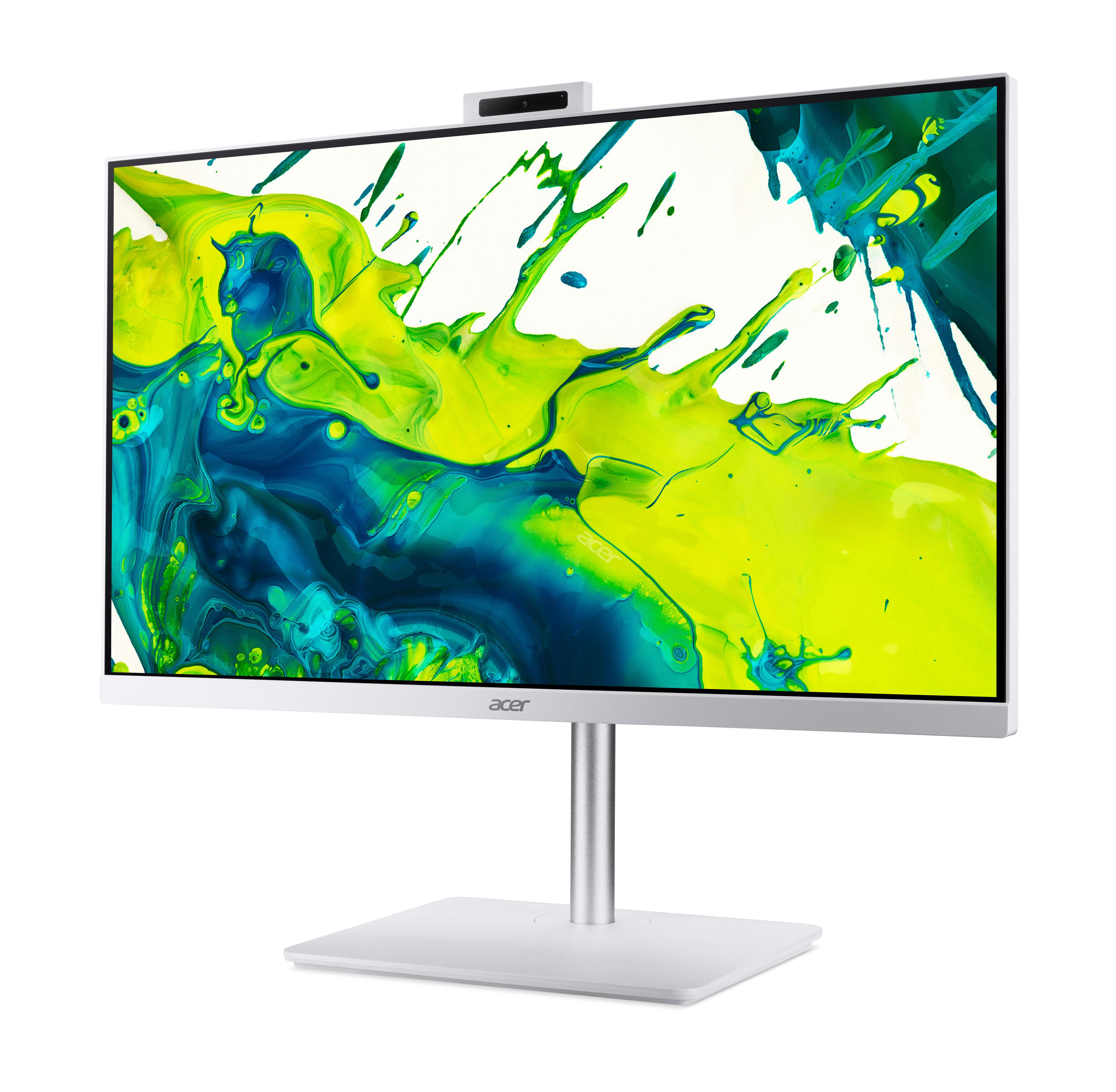 Ein silberner Acer-Monitor mit weißem Ständer. Der Bildschirm zeigt einen farbenfrohen Farbspritzer aus Gelb, Grün und Blau.