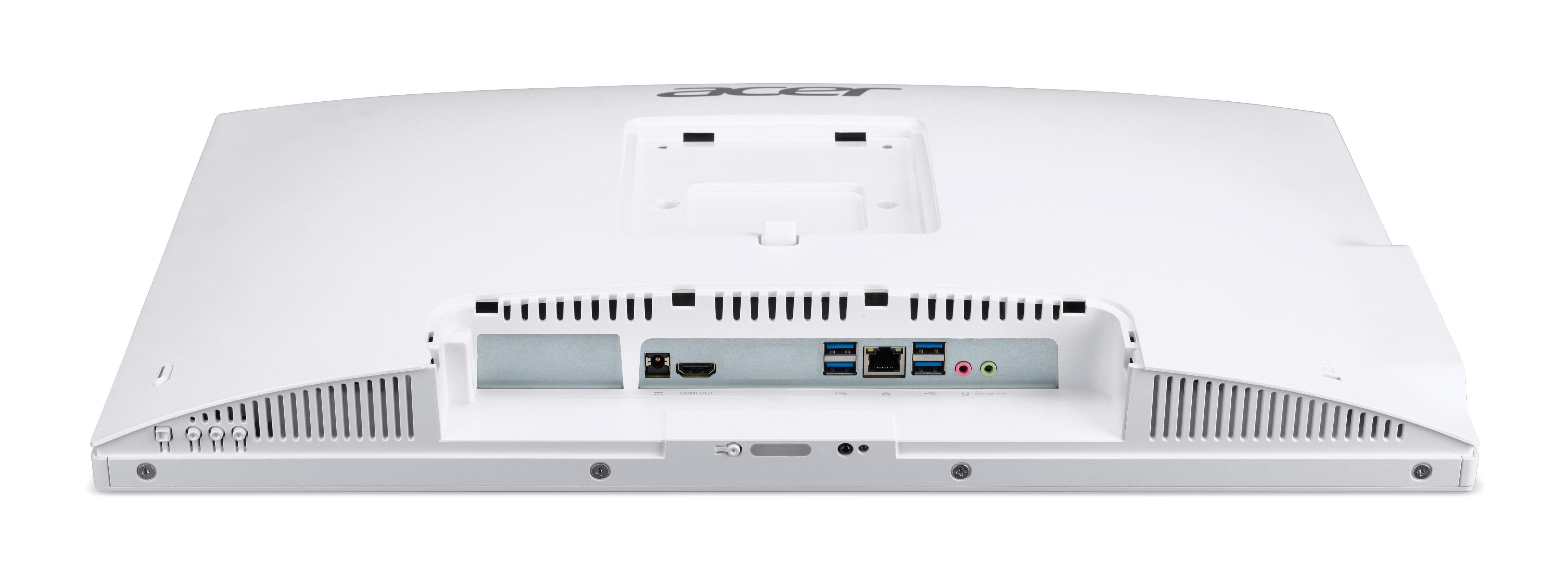 Rückseite eines weißen Acer-Monitors. Verfügt über Anschlüsse, Lüftungsschlitze und das Acer-Logo.
