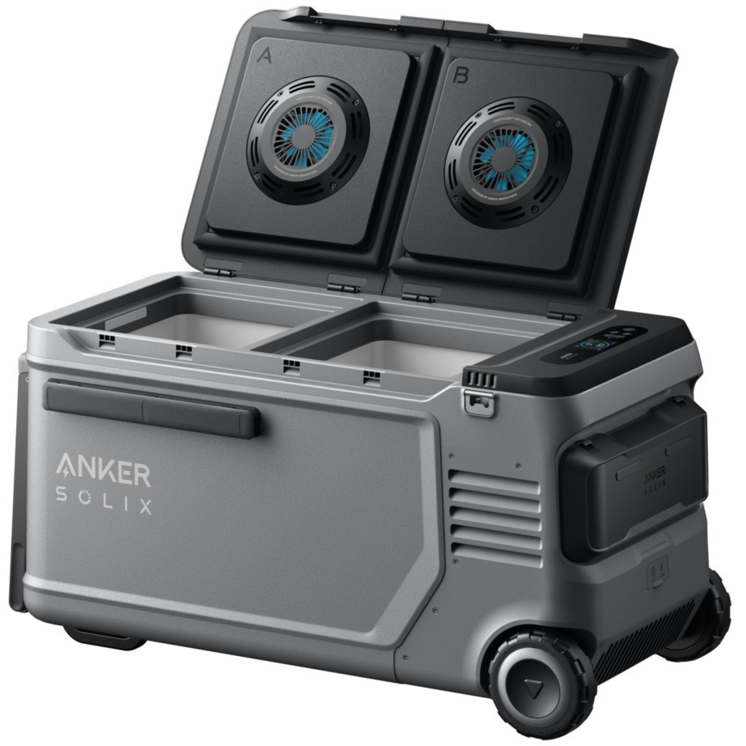 Anker Solix portable cooler with open lids. Features two compartments with fans, a control panel, wheels, and a handle, all in gray.