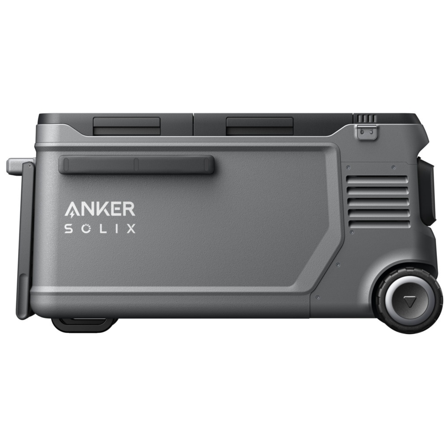 A gray Anker Solix cooler with a handle, wheels, and a logo. It has a sleek design with vents and a dark top.