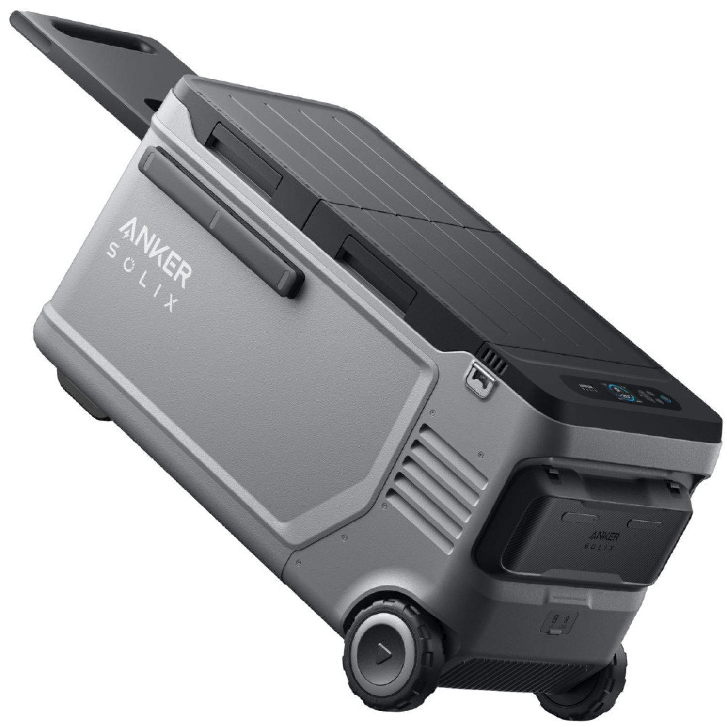 A gray Anker Solix portable cooler on wheels. It has a black top, a handle, and a digital display. The wheels are black.