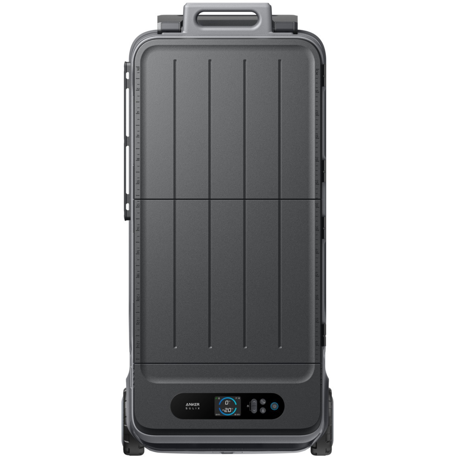 A gray Anker Solix suitcase stands upright. It has a handle, vertical lines, and a digital display showing '0' and '-20'.