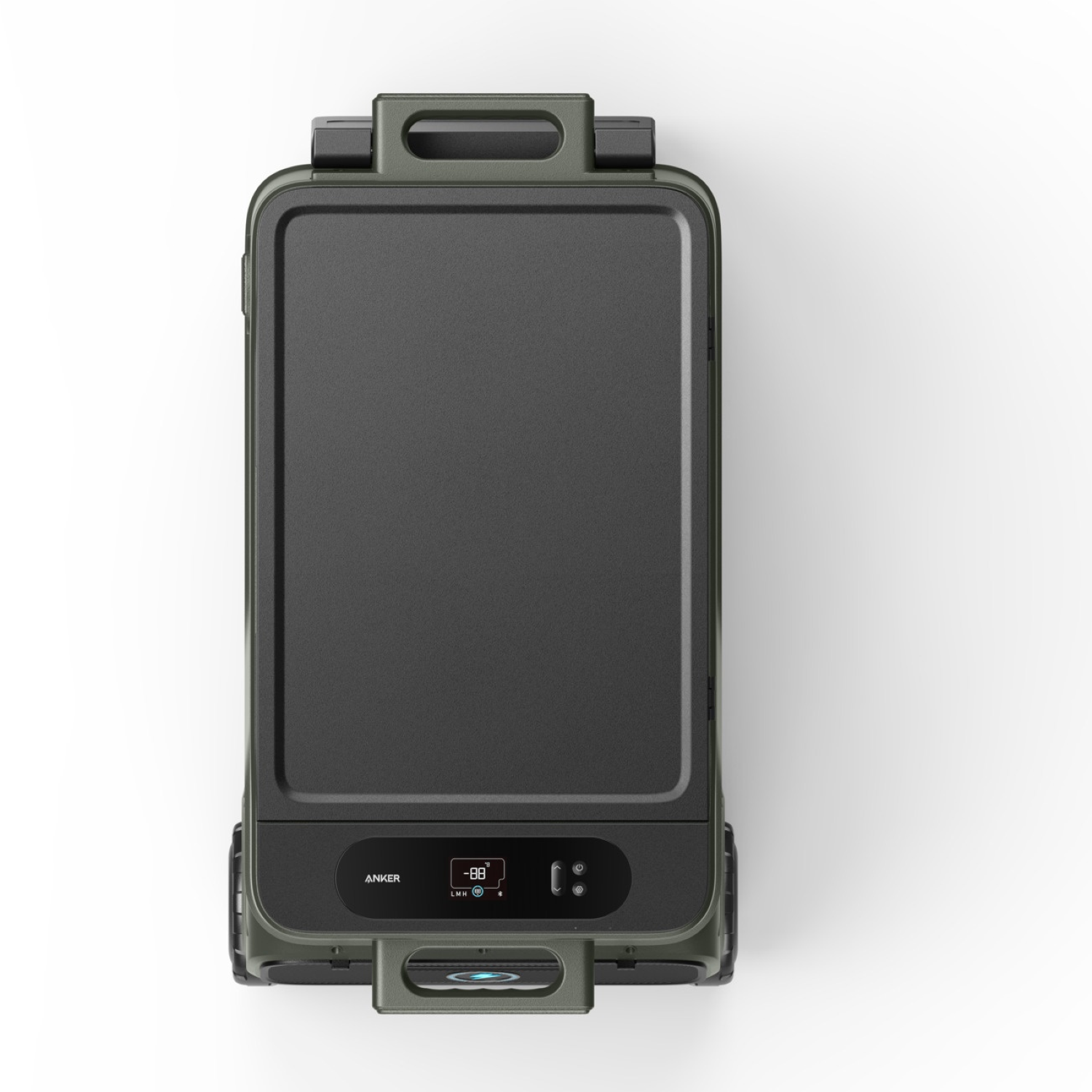 Overhead view of a green portable cooler on a white background. It has a handle, a digital display and the Anker logo.