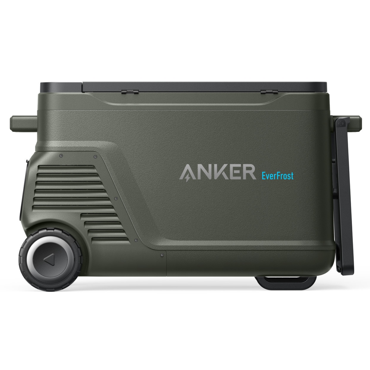 Anker EverFrost portable cooler on white background. Green body, black lid and handle, with wheels. Anker logo visible.